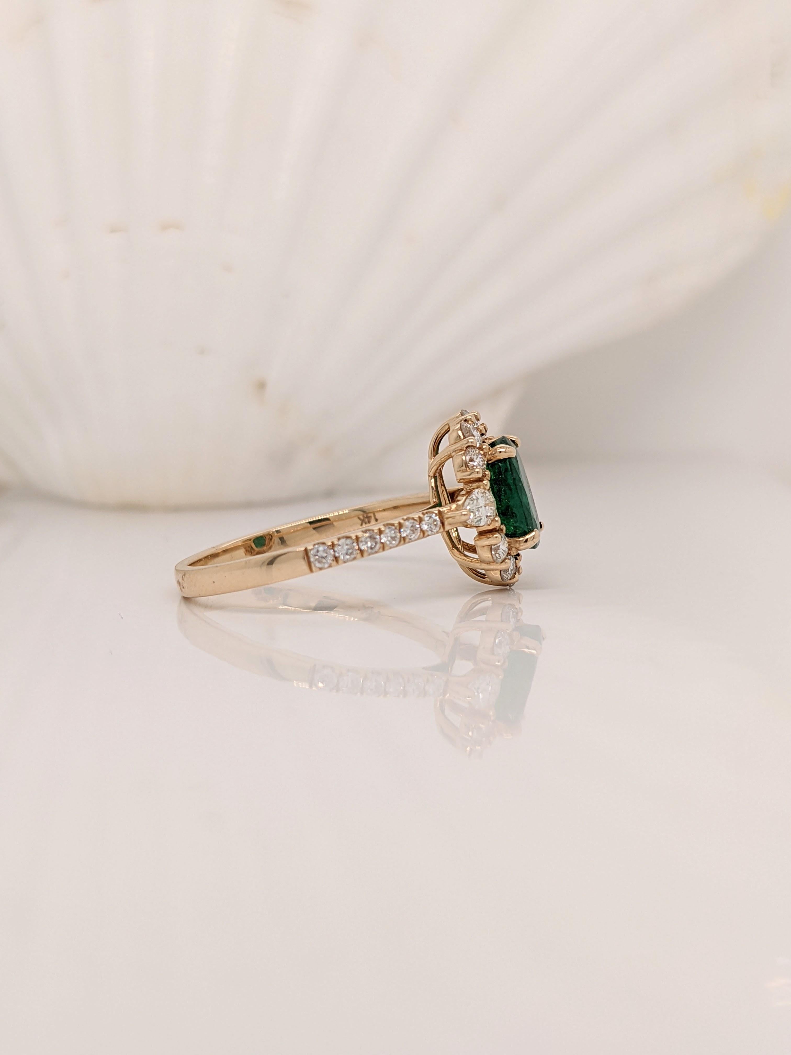 Victorian 1.25ct Emerald Ring w Diamond Halo & Pear Diamond Accents in 14k Gold Oval 8x6mm