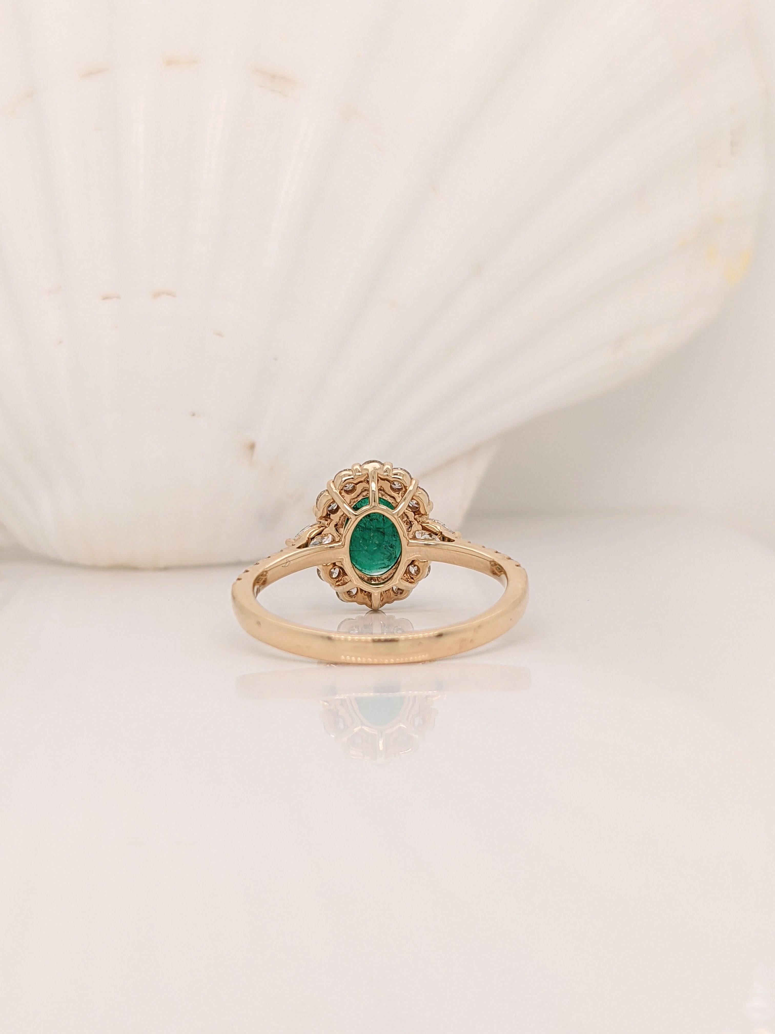 Oval Cut 1.25ct Emerald Ring w Diamond Halo & Pear Diamond Accents in 14k Gold Oval 8x6mm