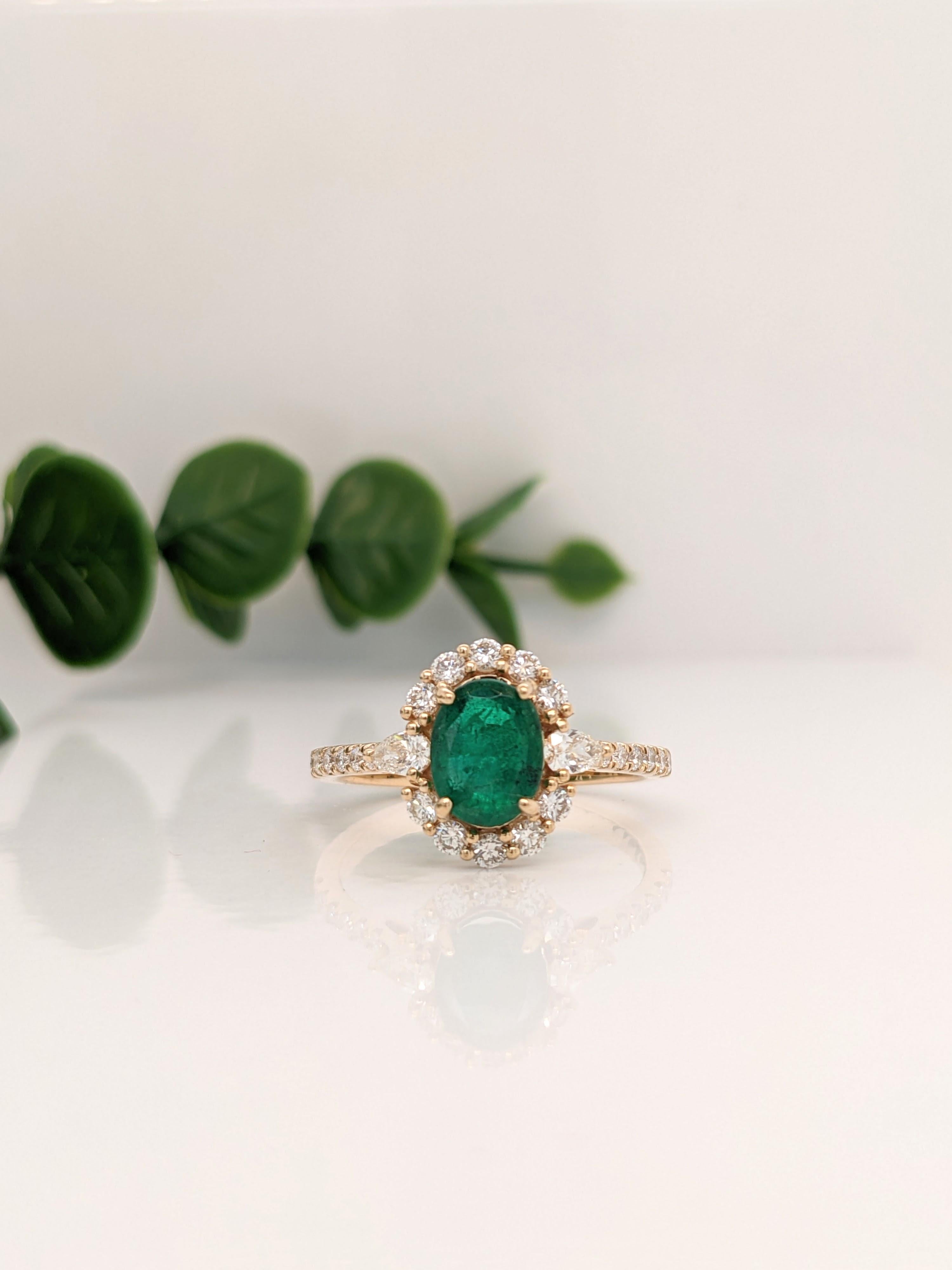 1.25ct Emerald Ring w Diamond Halo & Pear Diamond Accents in 14k Gold Oval 8x6mm In New Condition In Columbus, OH