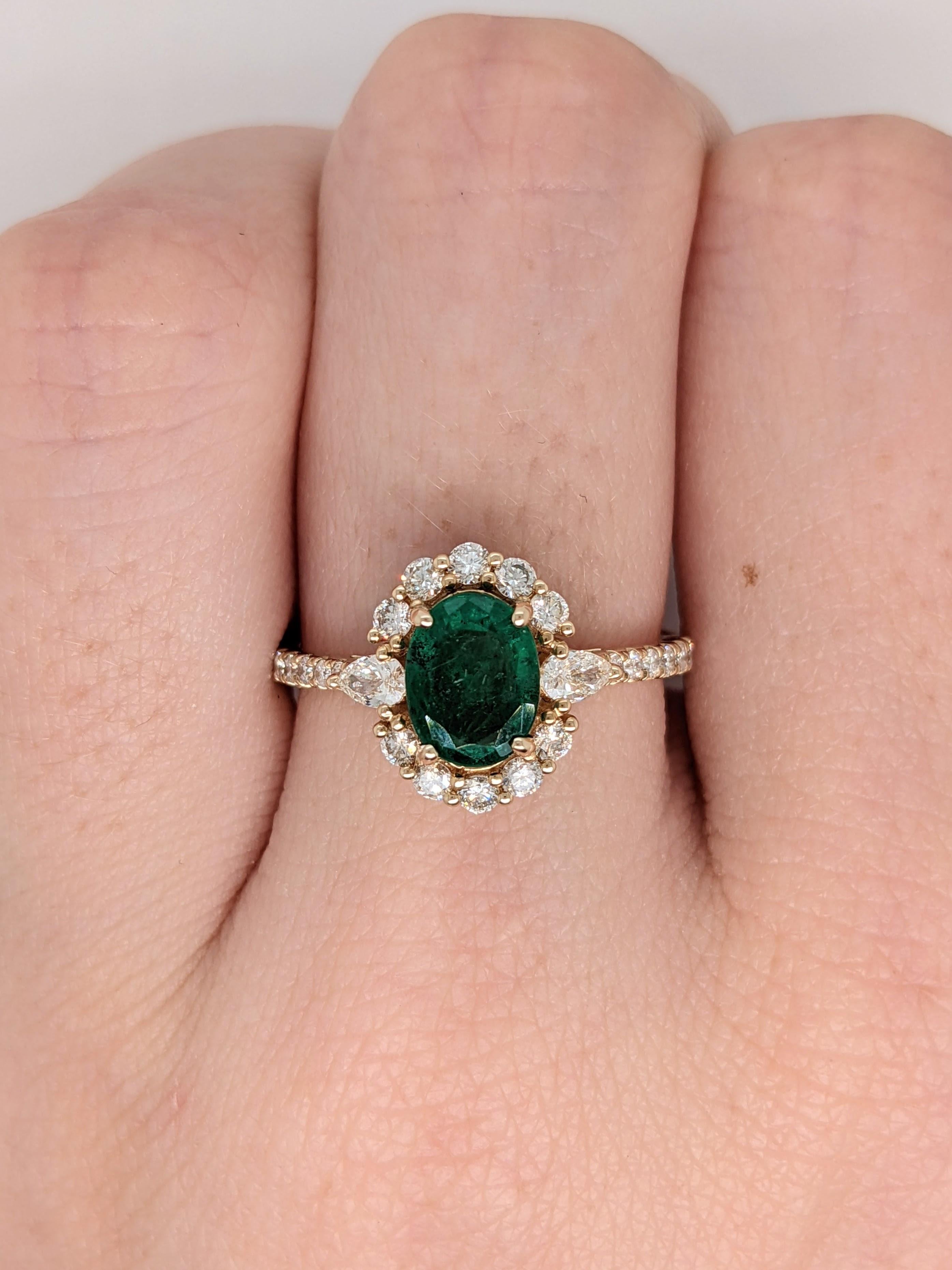 1.25ct Emerald Ring w Diamond Halo & Pear Diamond Accents in 14k Gold Oval 8x6mm 1