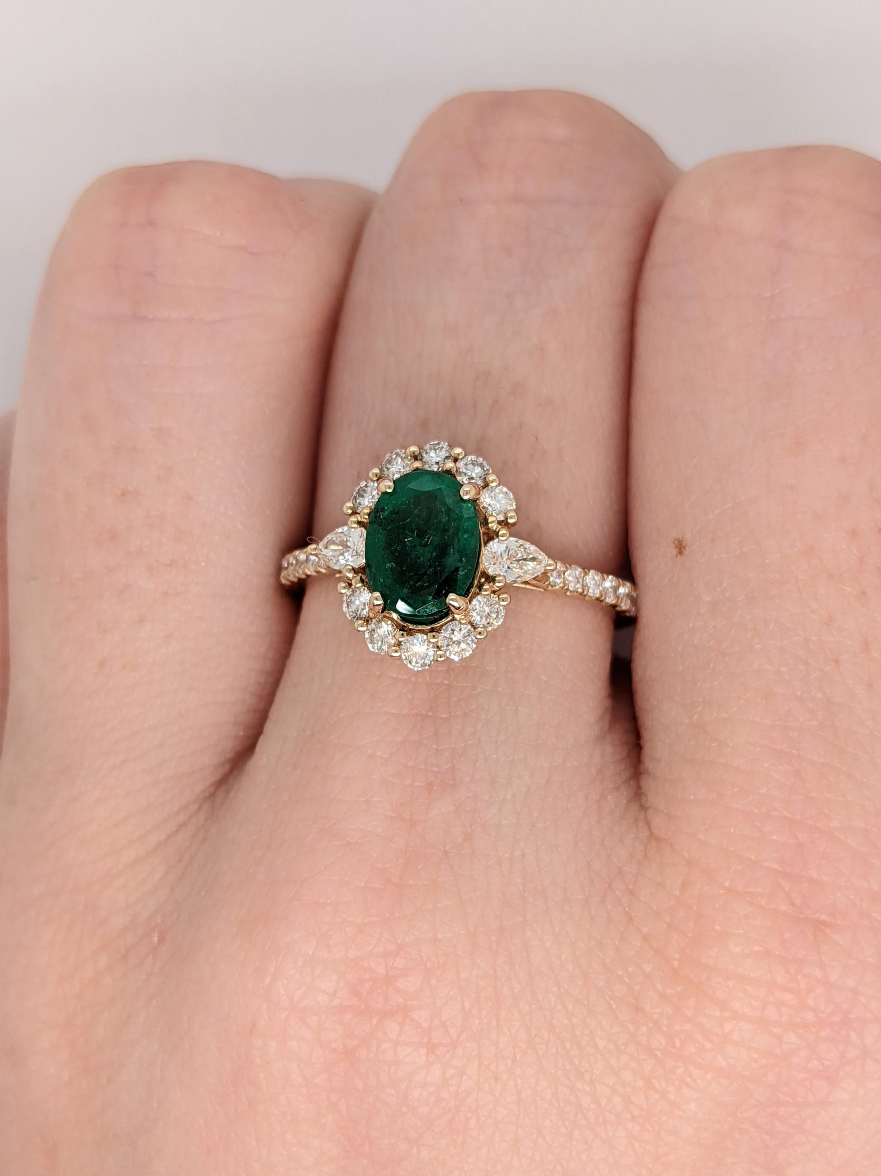 1.25ct Emerald Ring w Diamond Halo & Pear Diamond Accents in 14k Gold Oval 8x6mm 2