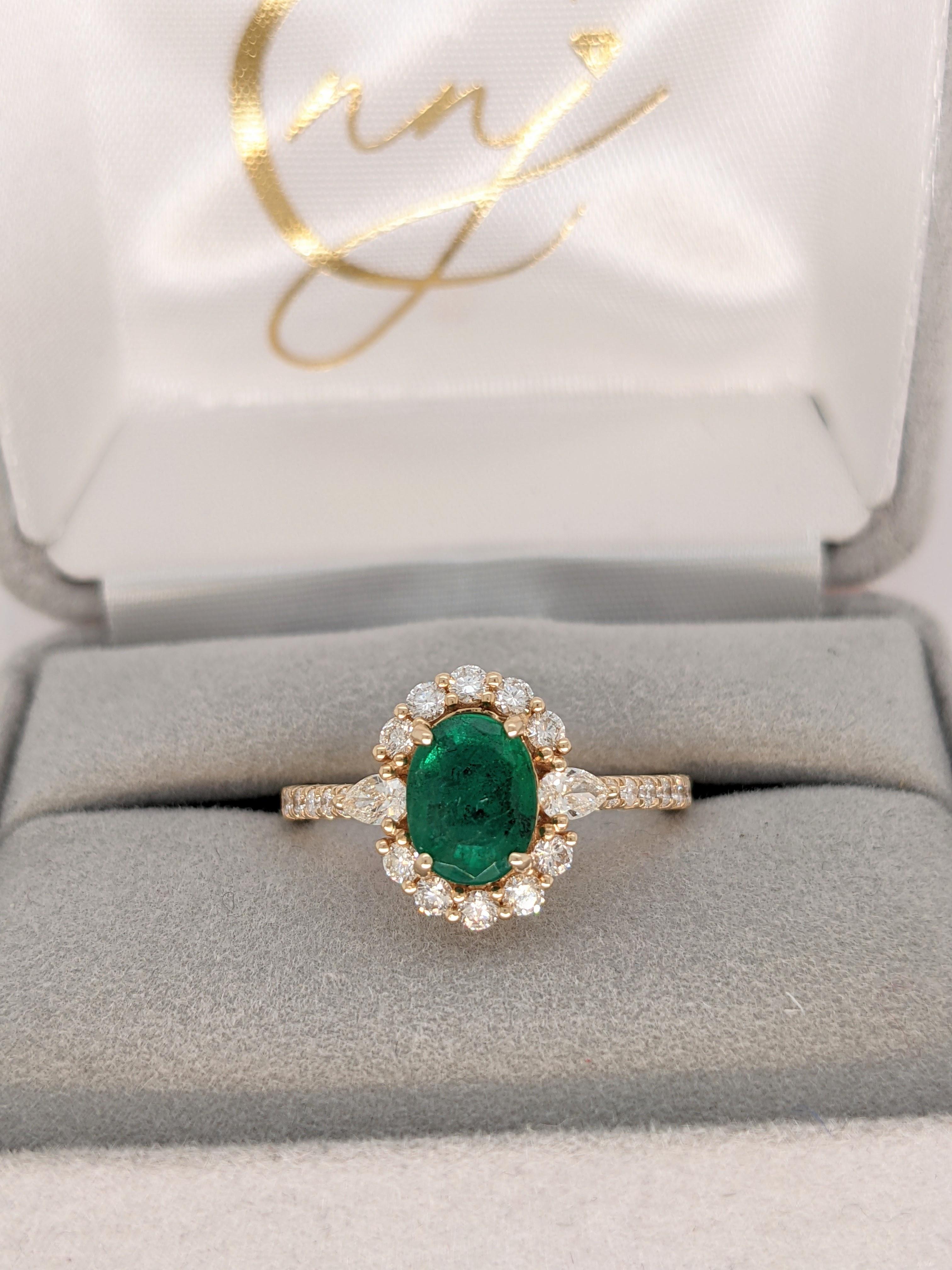 1.25ct Emerald Ring w Diamond Halo & Pear Diamond Accents in 14k Gold Oval 8x6mm 3