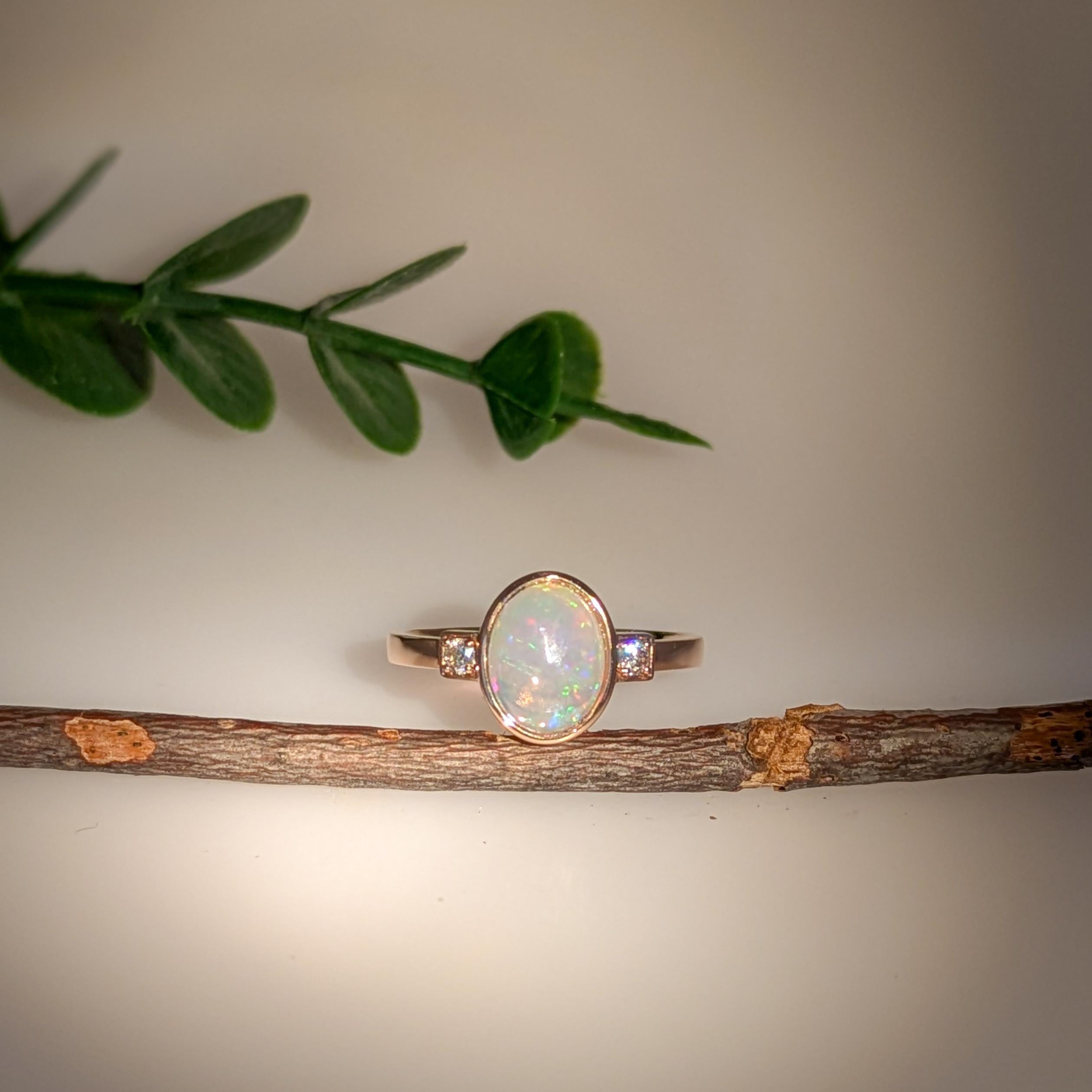 Art Deco 1.25ct Ethiopian Opal Ring w Diamond Accents in Solid 14K Yellow Gold  OV 9x7mm For Sale