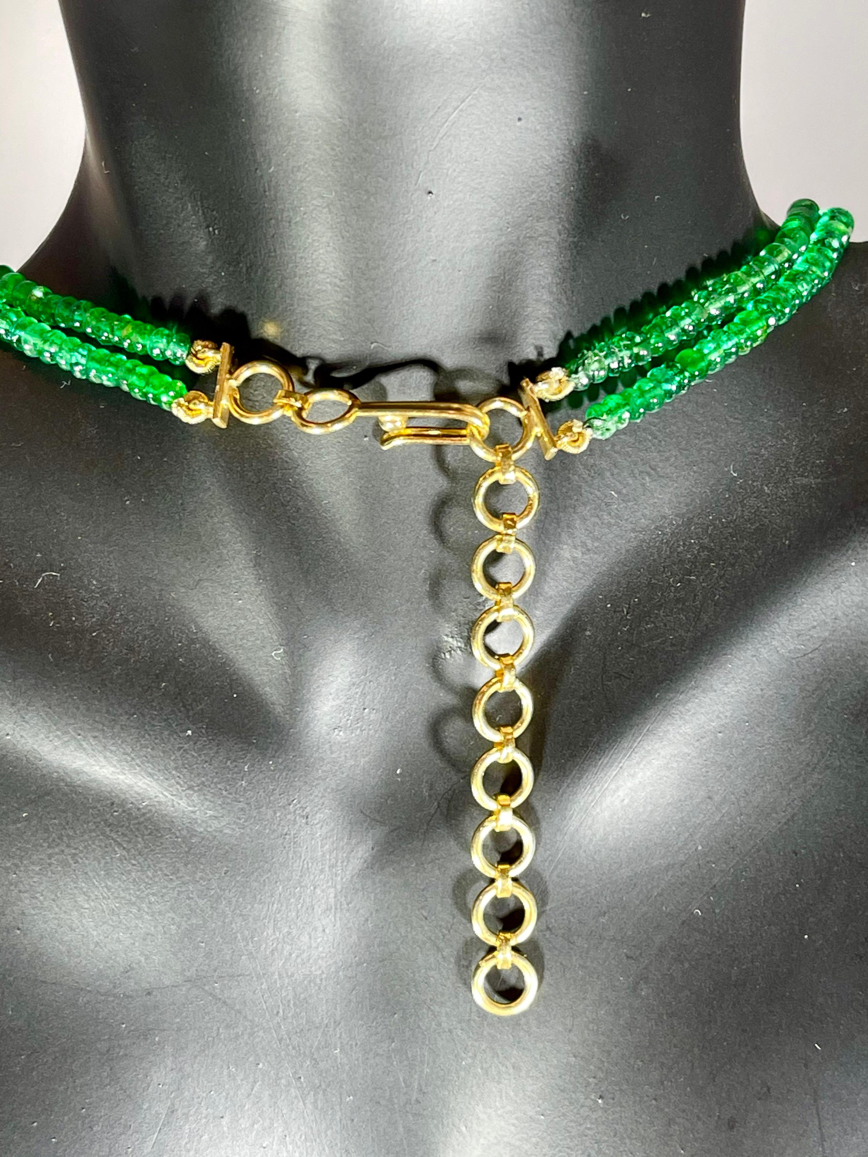 125ct Fine Emerald Beads 2 Line Necklace with 14 Kt Yellow Gold Clasp Adjustable 8