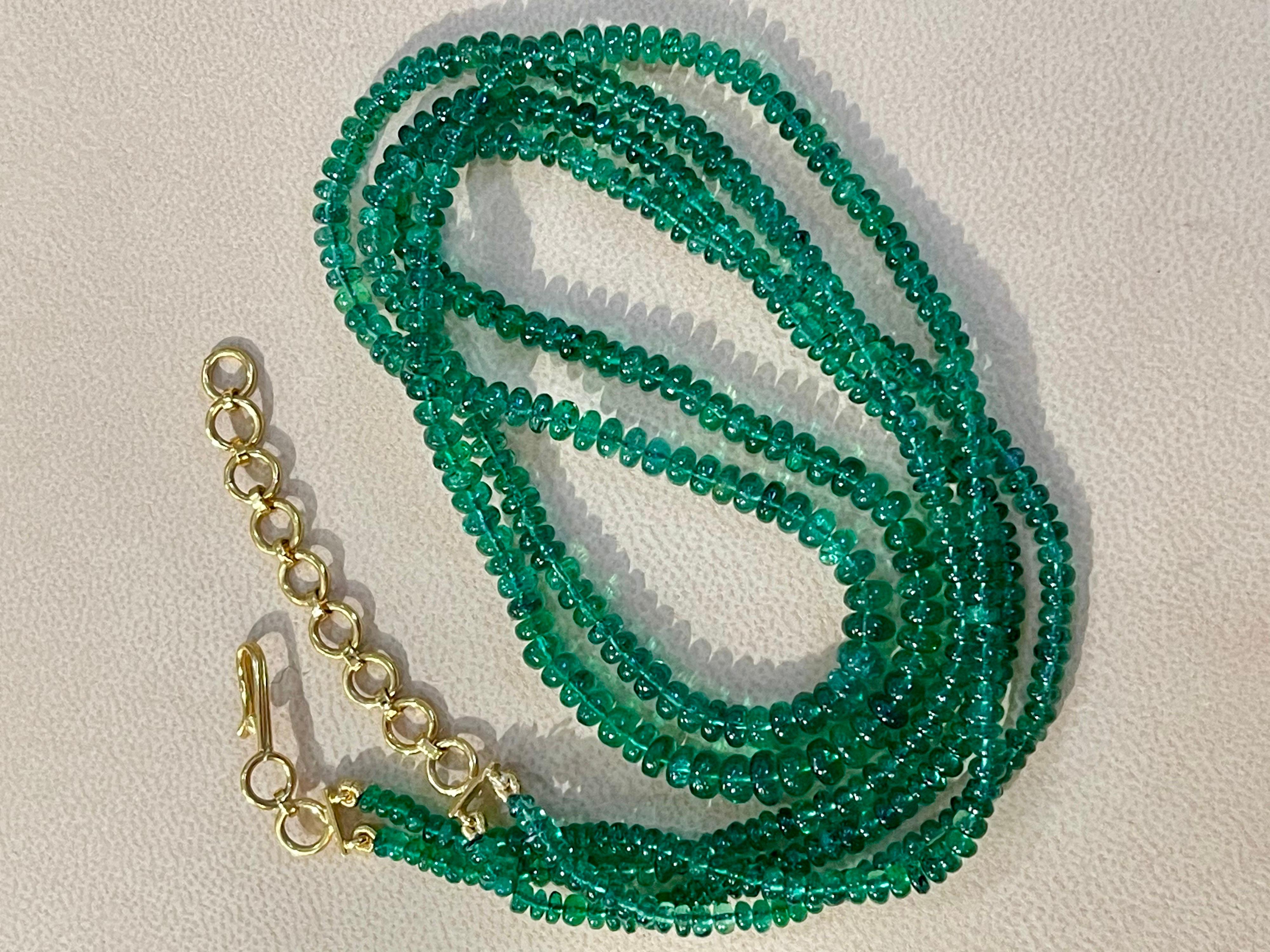 125ct Fine Emerald Beads 2 Line Necklace with 14 Kt Yellow Gold Clasp Adjustable 9