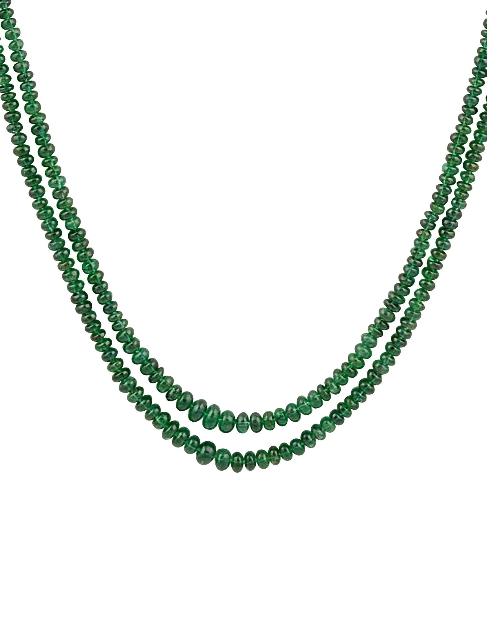 125ct Fine Emerald Beads 2 Line Necklace with 14 Kt Yellow Gold Clasp Adjustable 11
