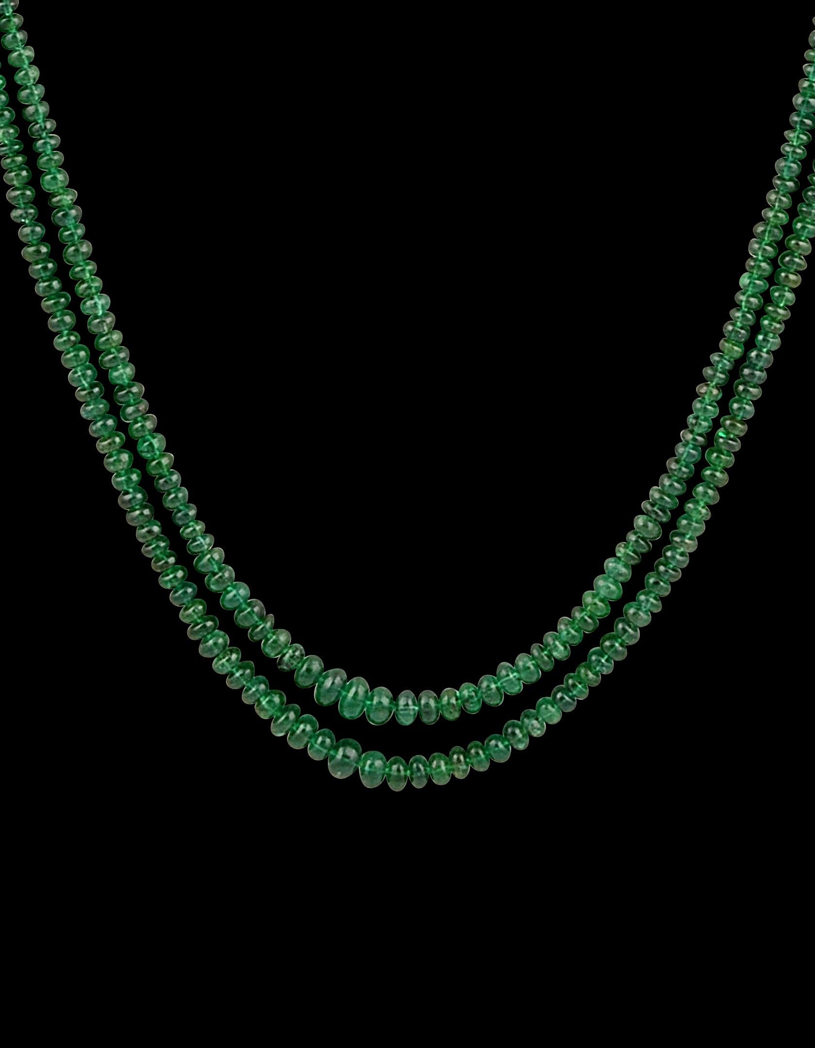 125ct Fine Emerald Beads 2 Line Necklace with 14 Kt Yellow Gold Clasp Adjustable 12