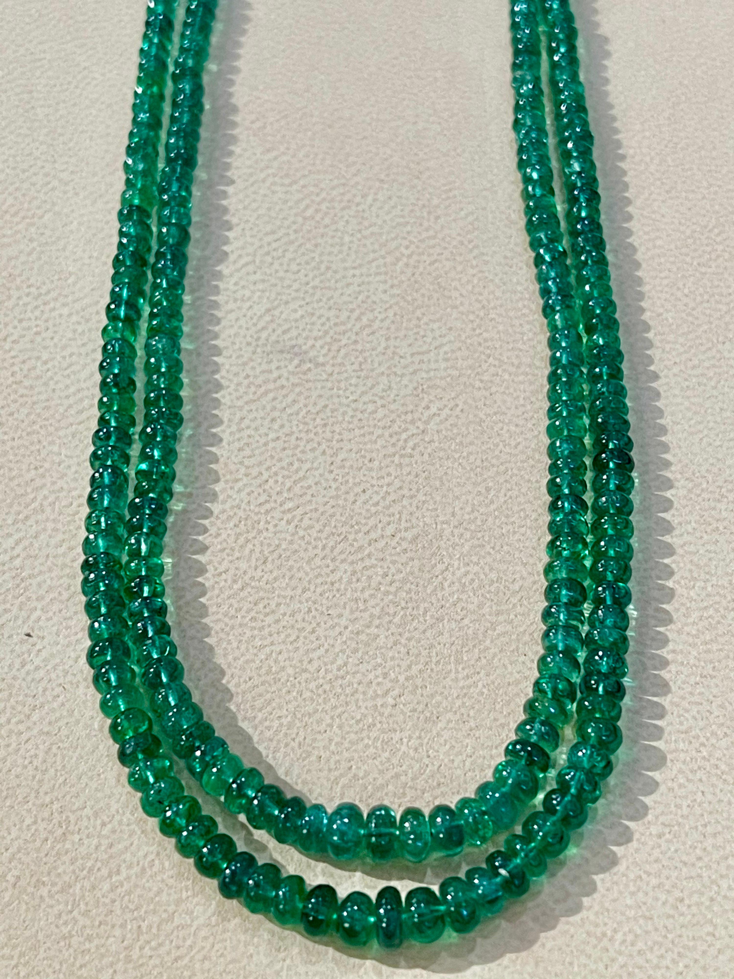 Women's 125ct Fine Emerald Beads 2 Line Necklace with 14 Kt Yellow Gold Clasp Adjustable
