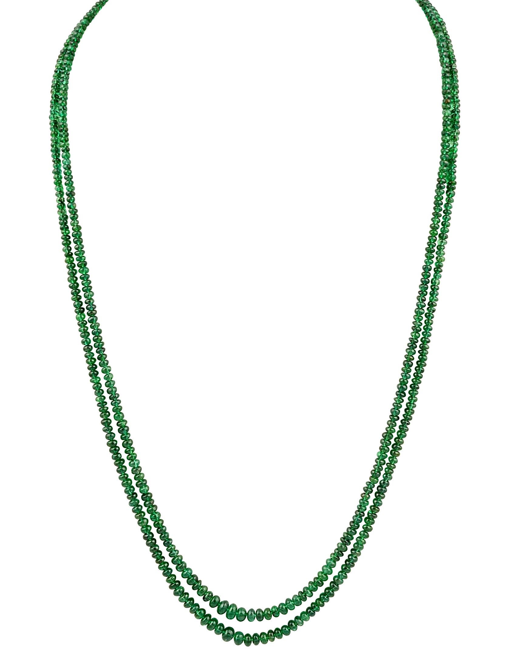 Approximately 125 Carat  very fine Emerald Beads 2 Line Necklace With 14 Karat Yellow Gold Clasp Adjustable with multiple links
This spectacular Necklace   consisting of approximately 125 Ct  of fine beads.
The shine sparkle and brilliance with deep