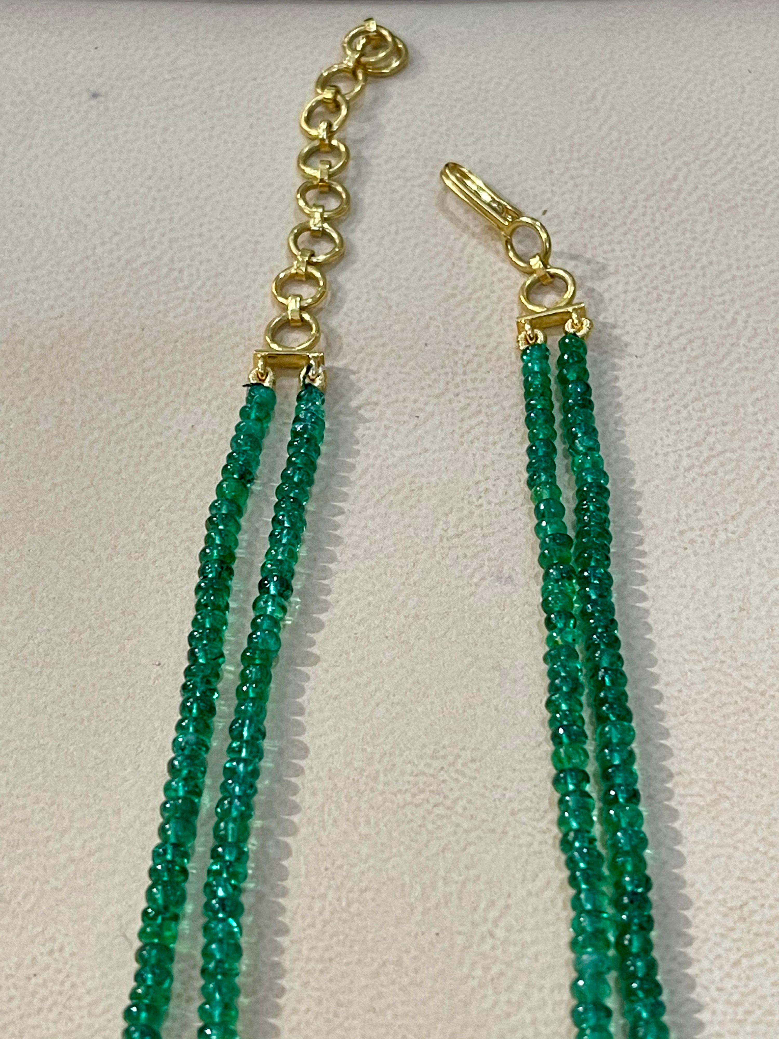 125ct Fine Emerald Beads 2 Line Necklace with 14 Kt Yellow Gold Clasp Adjustable 1