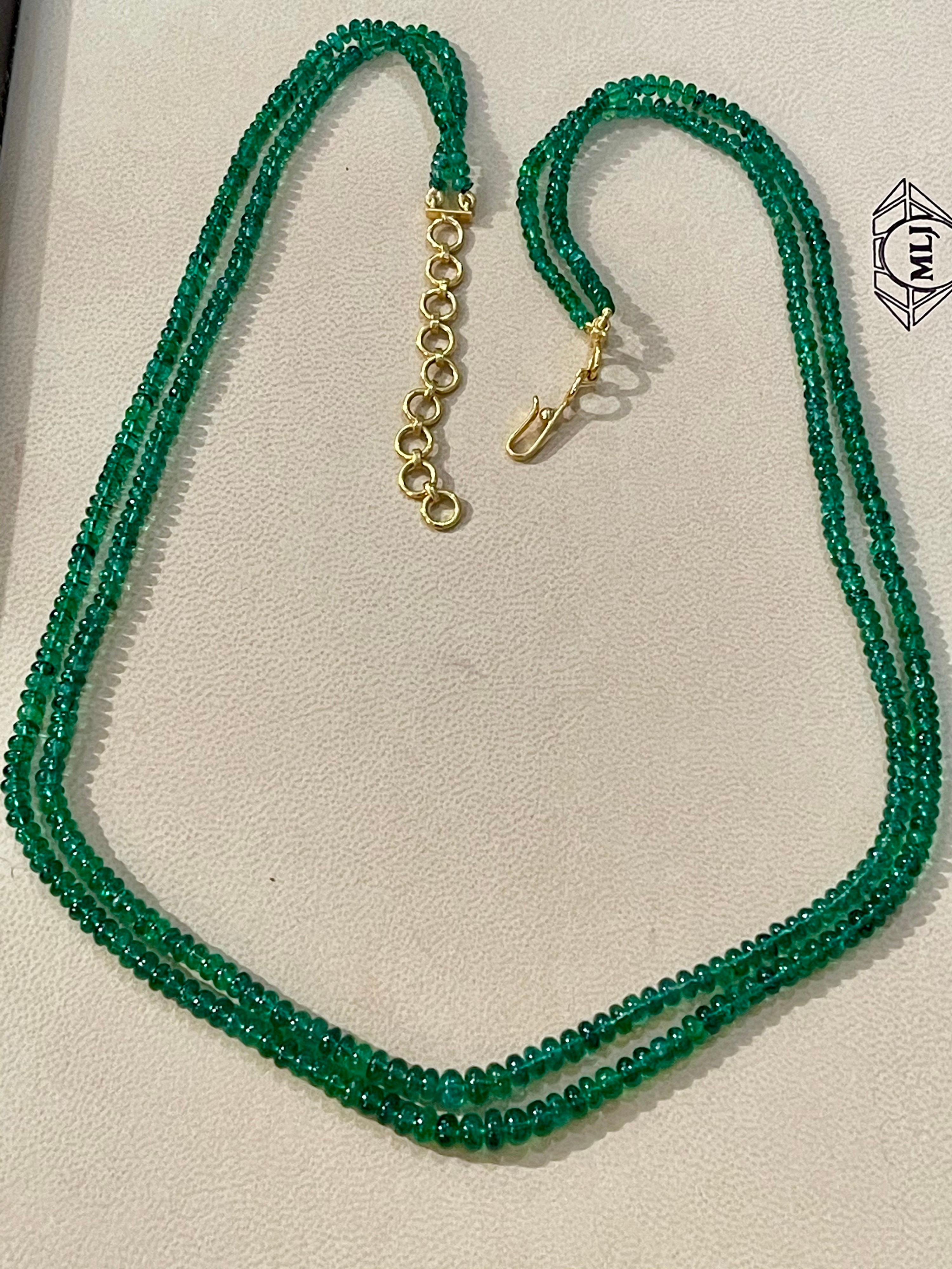 125ct Fine Emerald Beads 2 Line Necklace with 14 Kt Yellow Gold Clasp Adjustable 2