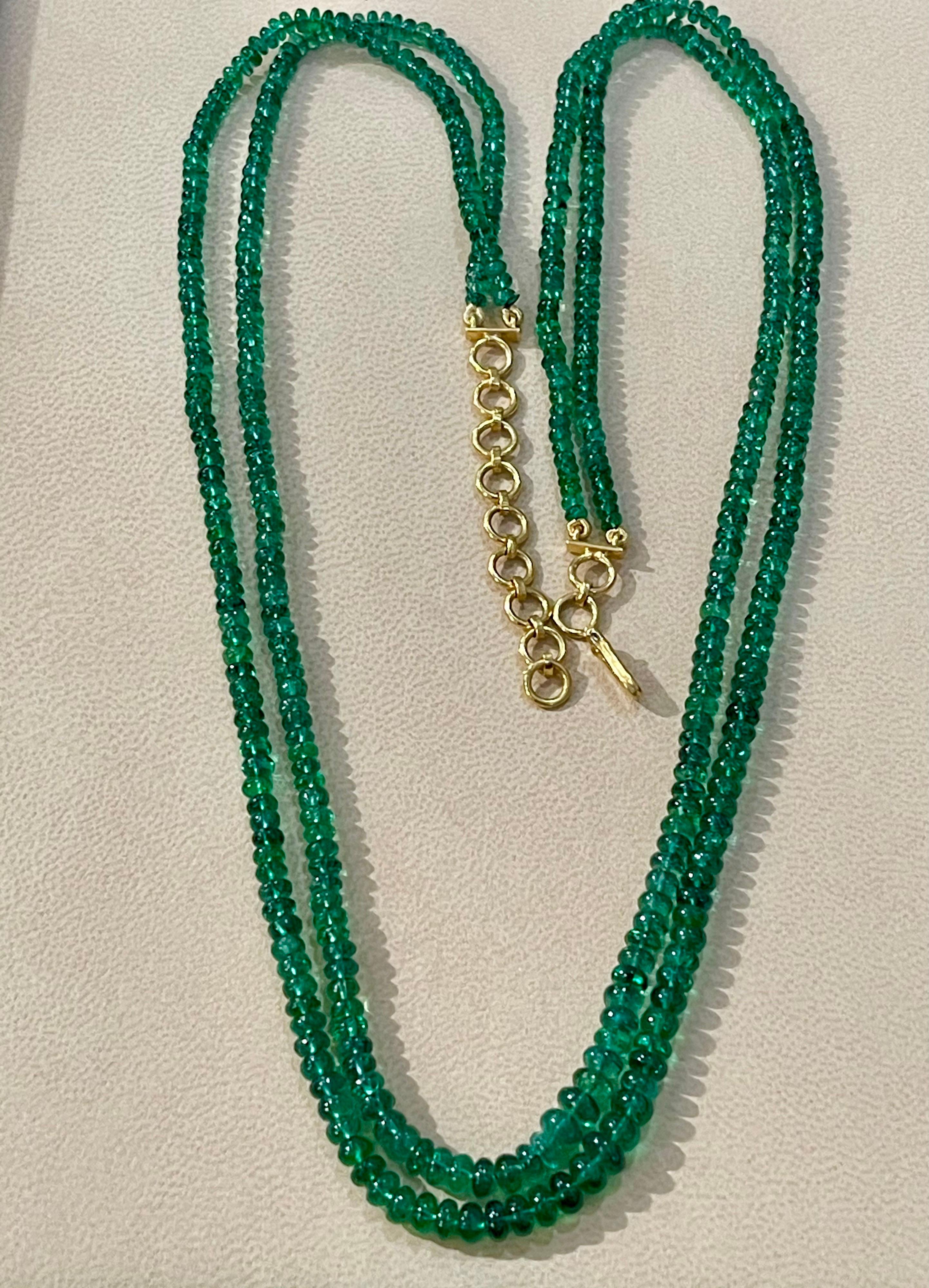 125ct Fine Emerald Beads 2 Line Necklace with 14 Kt Yellow Gold Clasp Adjustable 3