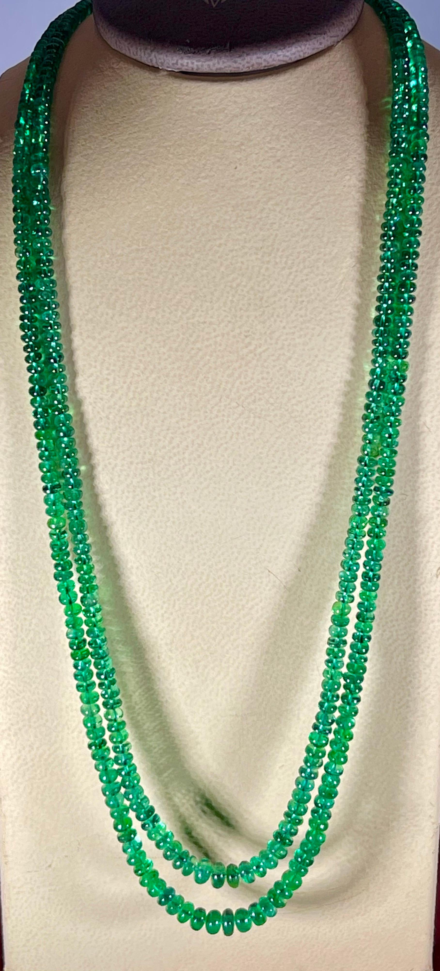 125ct Fine Emerald Beads 2 Line Necklace with 14 Kt Yellow Gold Clasp Adjustable 7