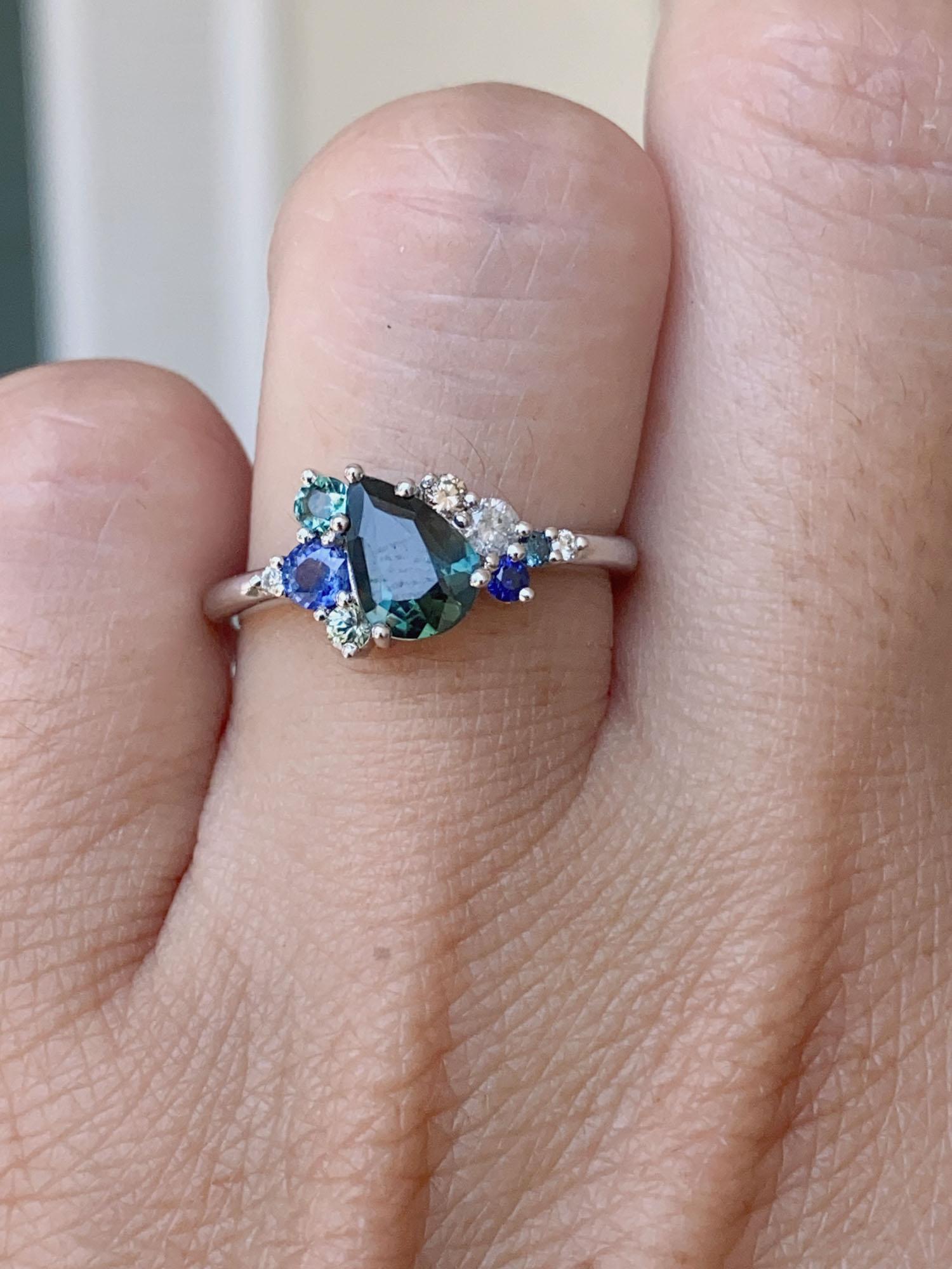 1.07ct Nigerian Teal Sapphire Diamond Cluster Engagement Ring 14K White Gold In New Condition In Osprey, FL
