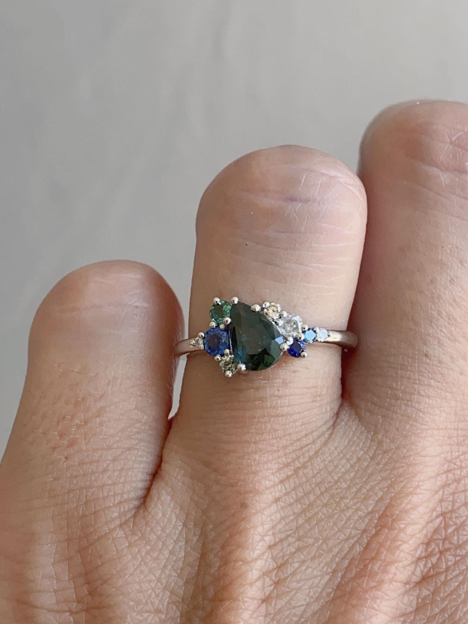 1.07ct Nigerian Teal Sapphire Diamond Cluster Engagement Ring 14K White Gold 1