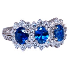 1.25ct Natural Sapphires Diamonds Ring 14kt Gold Three stone style