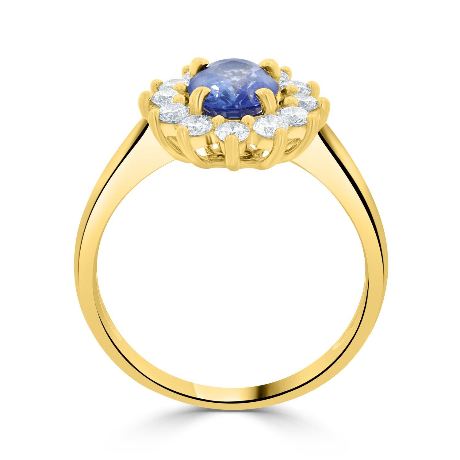 Designed with shiny 18K yellow gold, this marvelous ring is set with a gorgeous oval cut Sapphire. Highlighting this brilliant gemstone are dazzling round cut Diamonds.

This ring is created in a sunburst design, a classic Hollywood style which