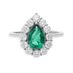 1.25ct Zambian Emerald Birthstone Pear Ring SI/H Diamond Halo 18k White Gold
