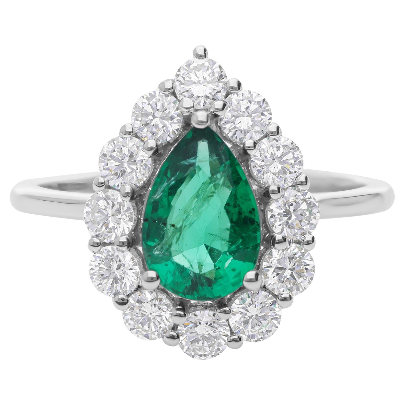 1,25 ct Esmeralda de Zambia Piedra de Nacimiento Anillo de Pera SI/H Halo de Diamantes Oro Blanco de 18k