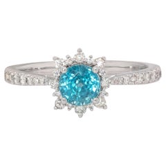 1.25cts Blue Zircon Ring W Natural Diamond Accents : 14k Solid White Gold  5mm