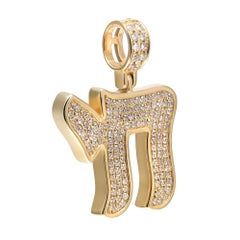 1.25Carat Pave Set Round Cut Diamond Chai Charm Pendant 14Karat Yellow Gold