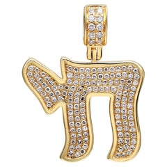 1.25Carat Pave Set Round Cut Diamond Chai Charm Pendant 14Karat Yellow Gold