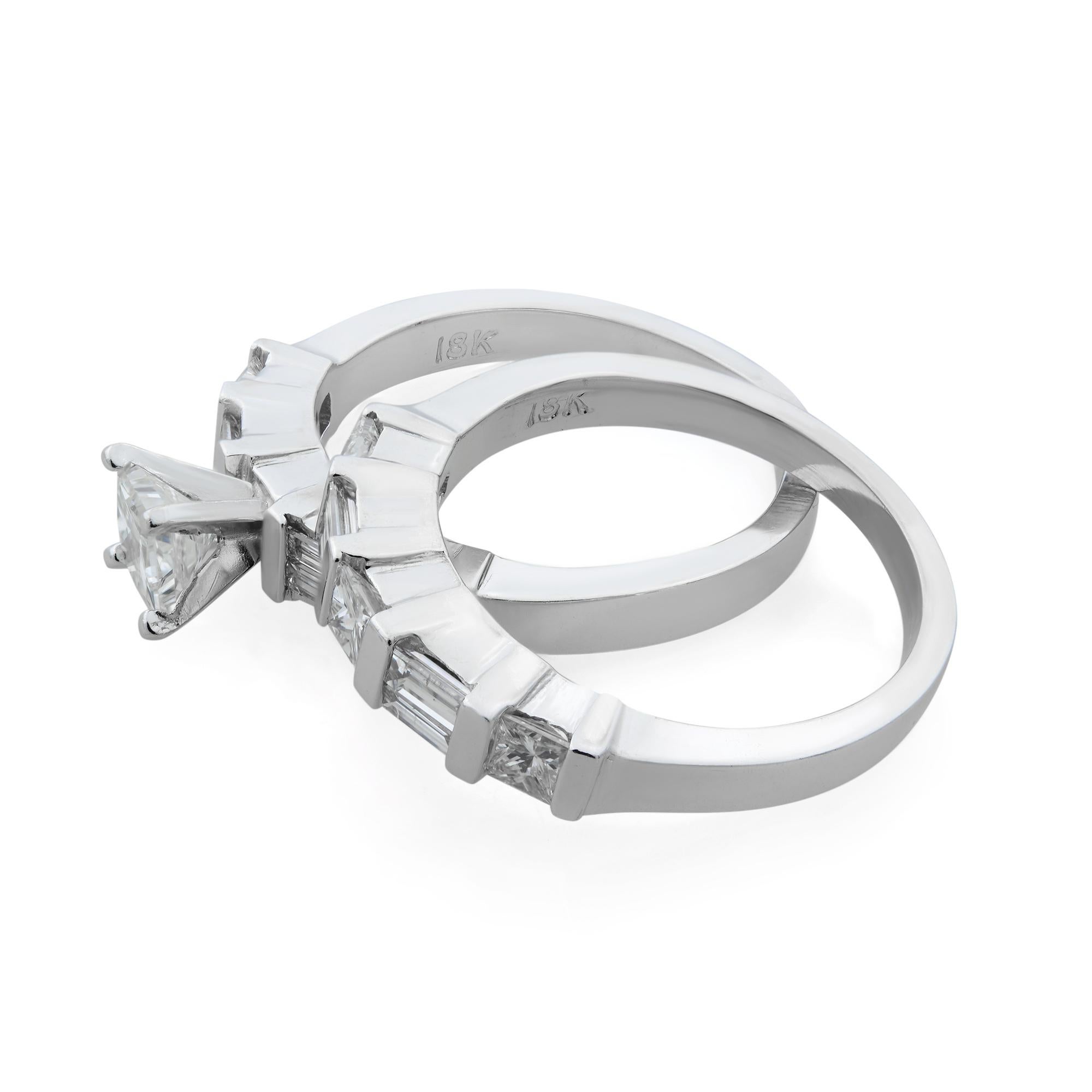 Women's 1.25Cttw Princess & Baguette Cut Diamond Engagement Ring Set 14K White Gold For Sale