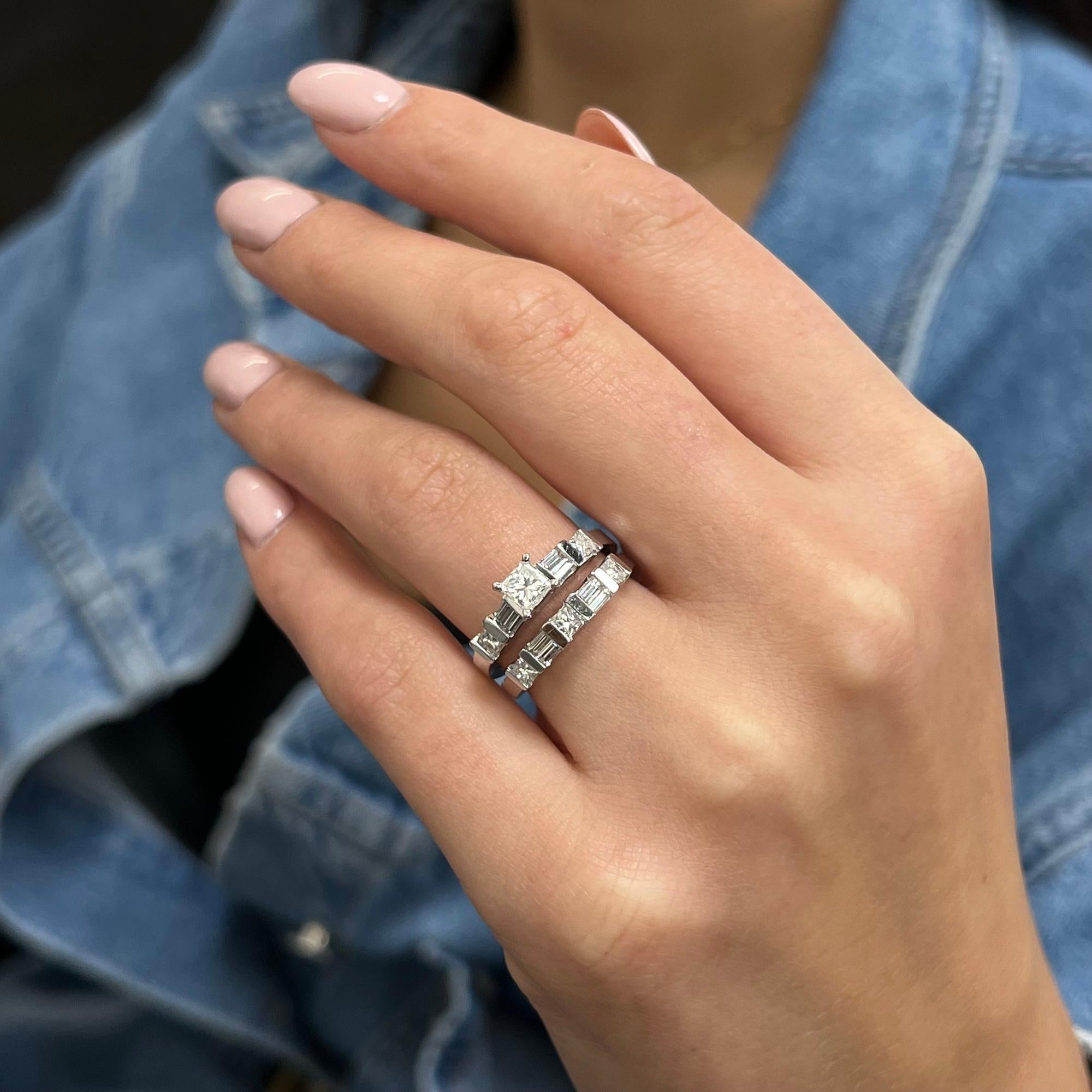 1.25Cttw Princess & Baguette Cut Diamond Engagement Ring Set 14K White Gold For Sale 1