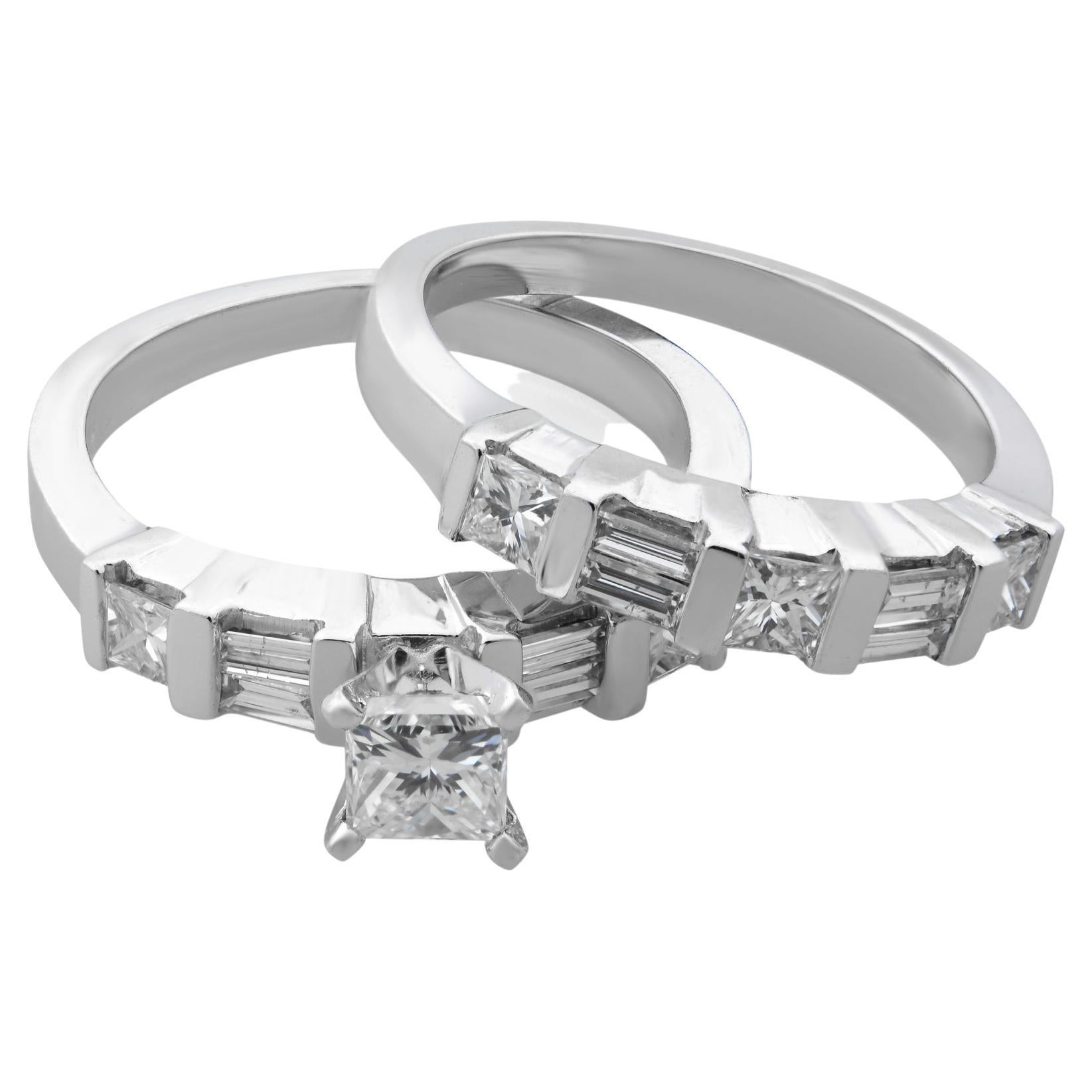 1.25Cttw Princess & Baguette Cut Diamond Engagement Ring Set 14K White Gold For Sale