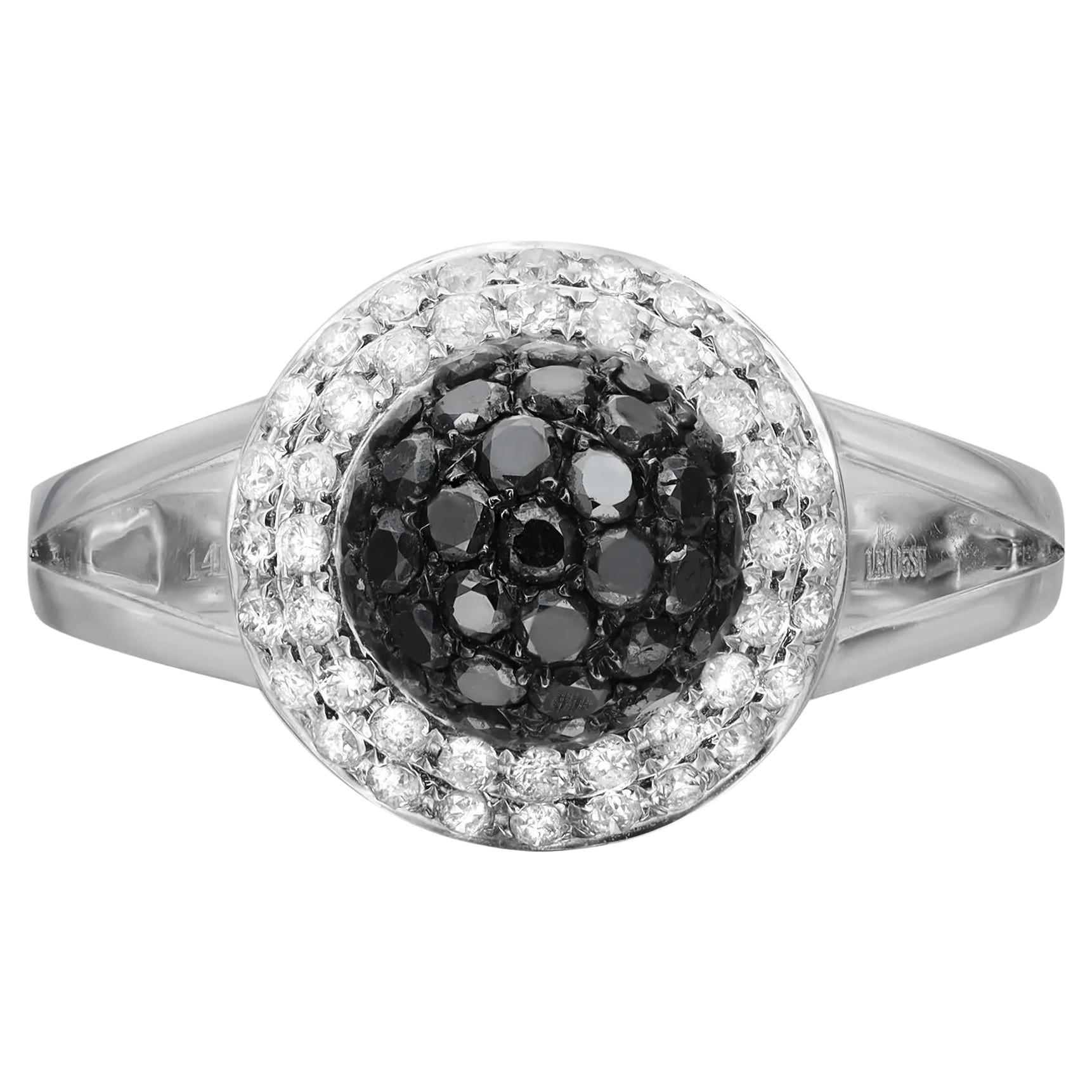 1.25cttw White and Black Round Cut Diamond Cocktail Ring 14k White Gold For Sale