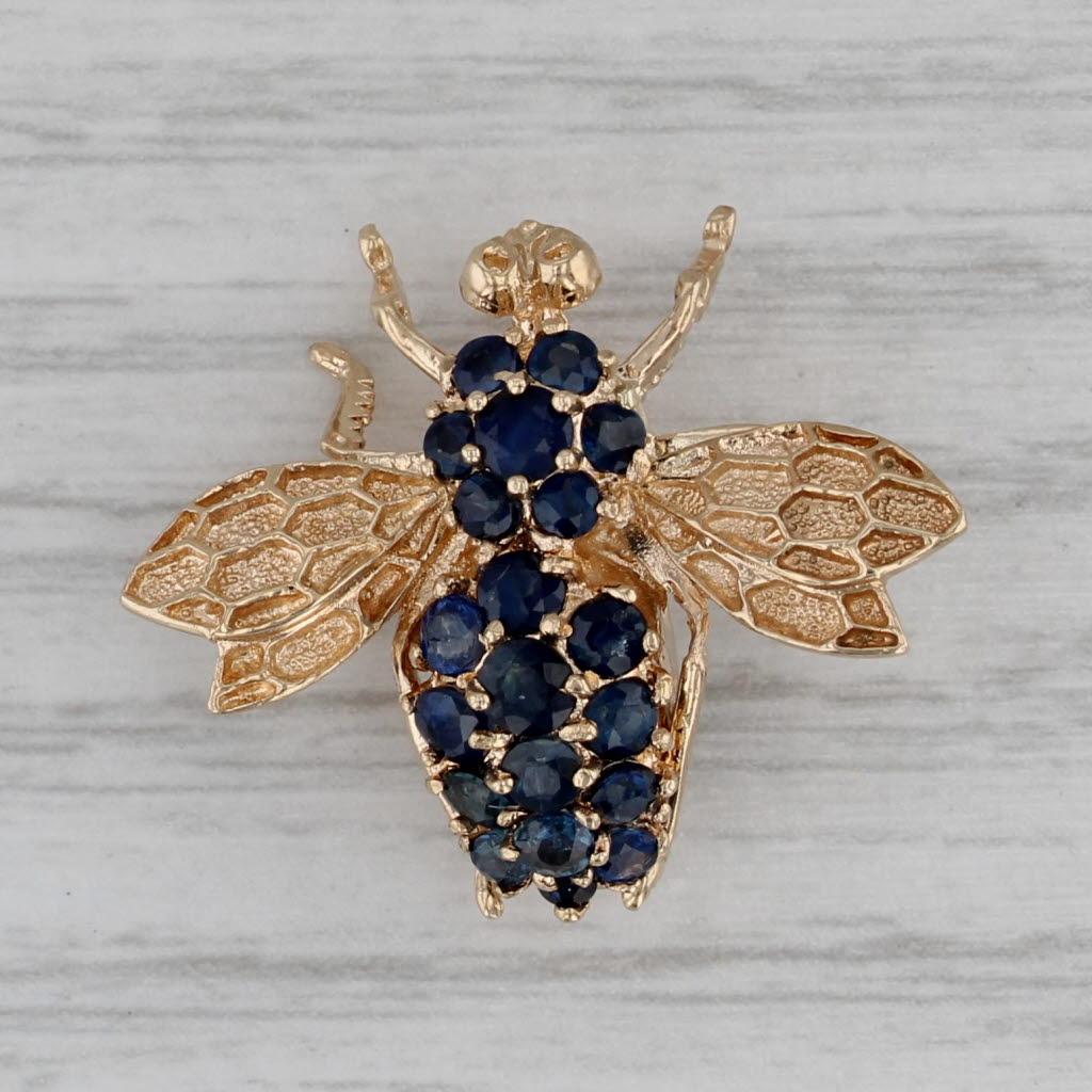 1.25ctw Blue Sapphire Bumble Bee Pin 14k Yellow Gold Brooch