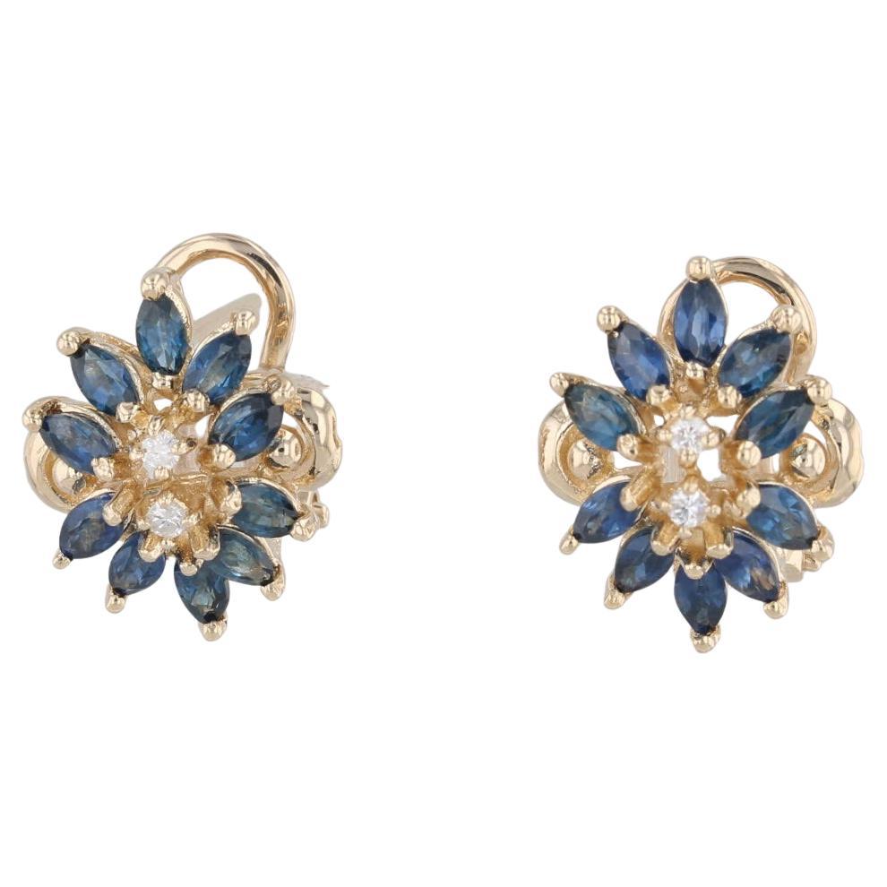 1,25ctw Blauer Saphir Diamant-Blumen-Ohrstecker 14k Gelbgold Omega-Rücken