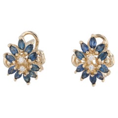 1,25ctw Blauer Saphir Diamant-Blumen-Ohrstecker 14k Gelbgold Omega-Rücken