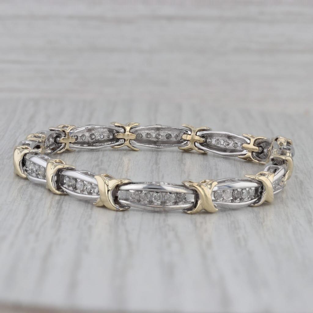 1.25ctw Diamond Bar X Link Tennis Bracelet 10k White Yellow Gold 7