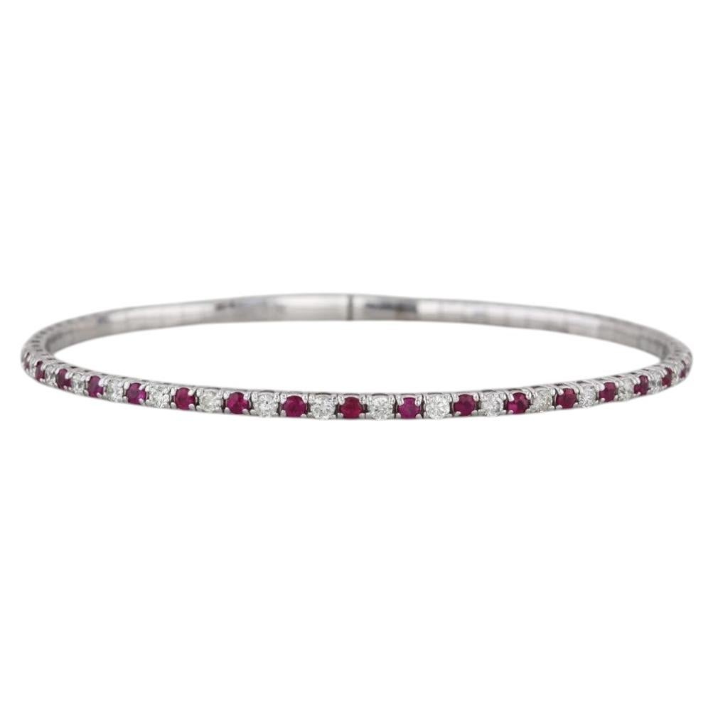 1.25ctw Diamond Ruby Flexible Bangle Tennis Bracelet 14k White Gold 6.75"