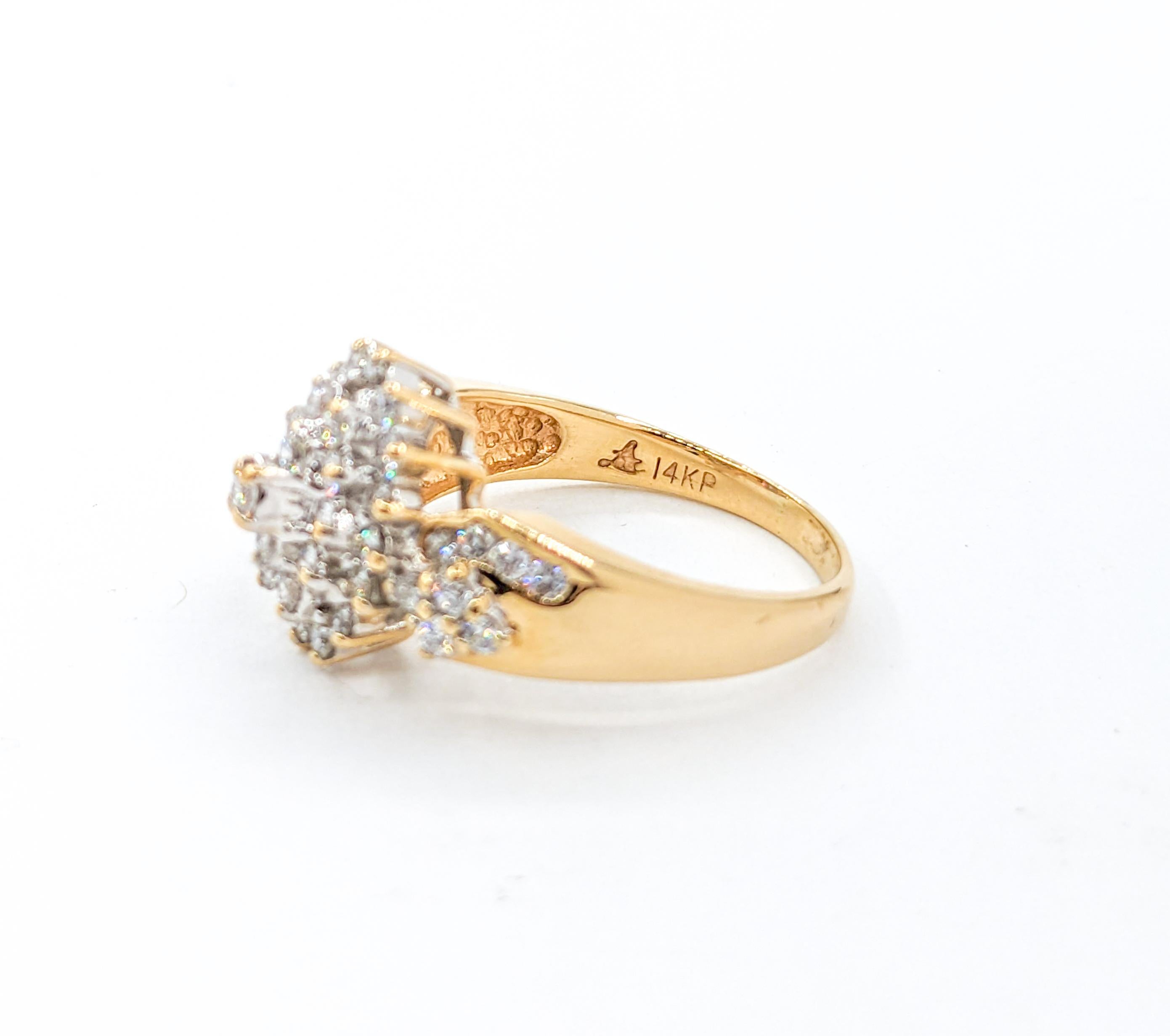 Round Cut 1.25ctw Diamond Waterfall Cluster Ring In Yellow Gold For Sale