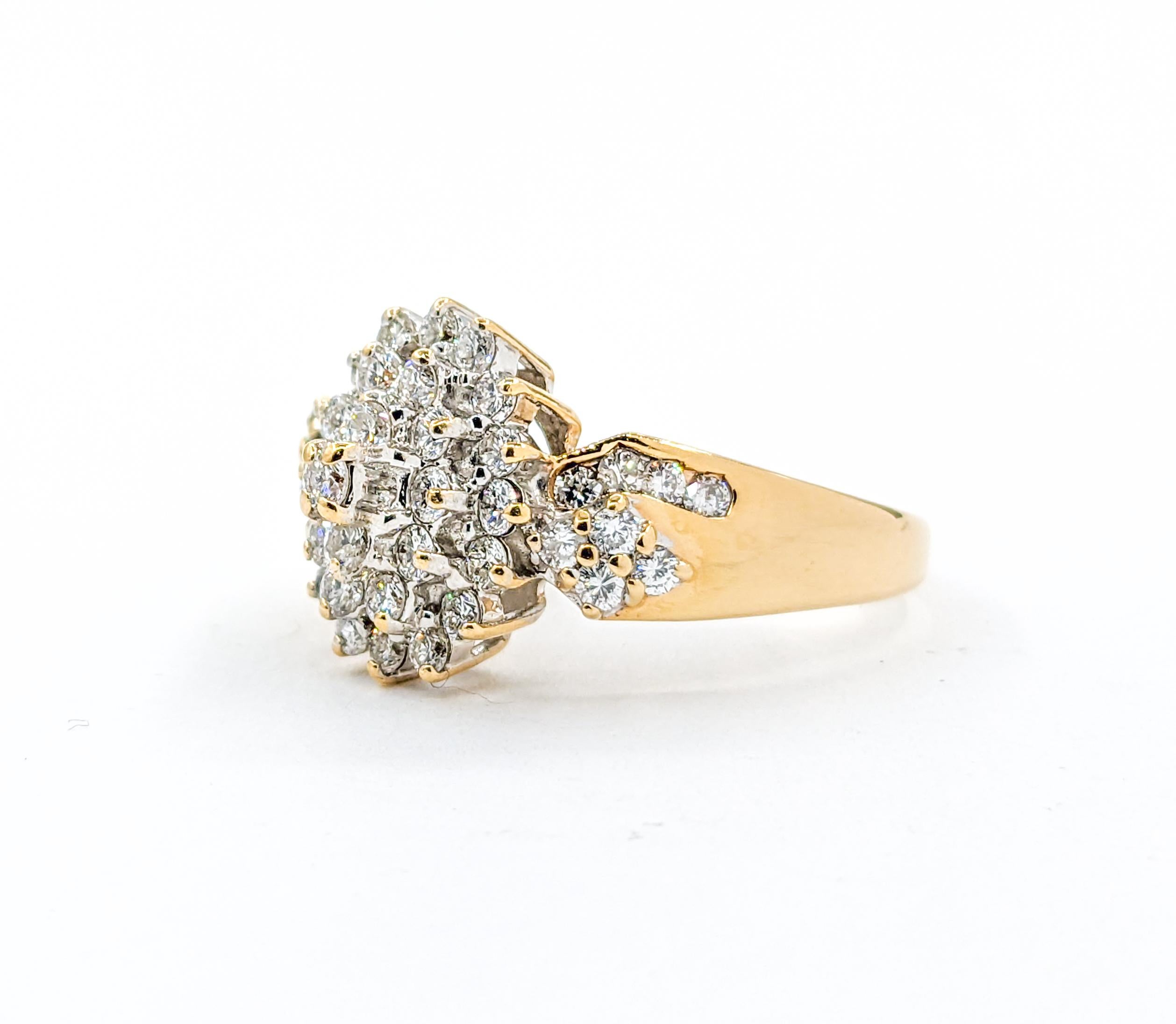 Modern 1.25ctw Diamond Waterfall Cluster Ring In Yellow Gold For Sale