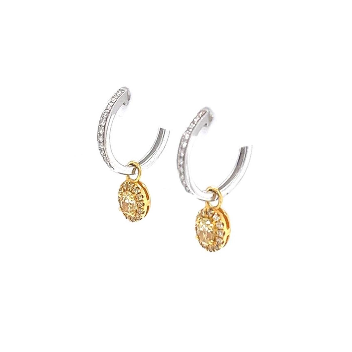 Modernist 1.25ctw Natural Hoops Diamond Earrings with Yellow Fancy Diamonds 18k White Gold For Sale