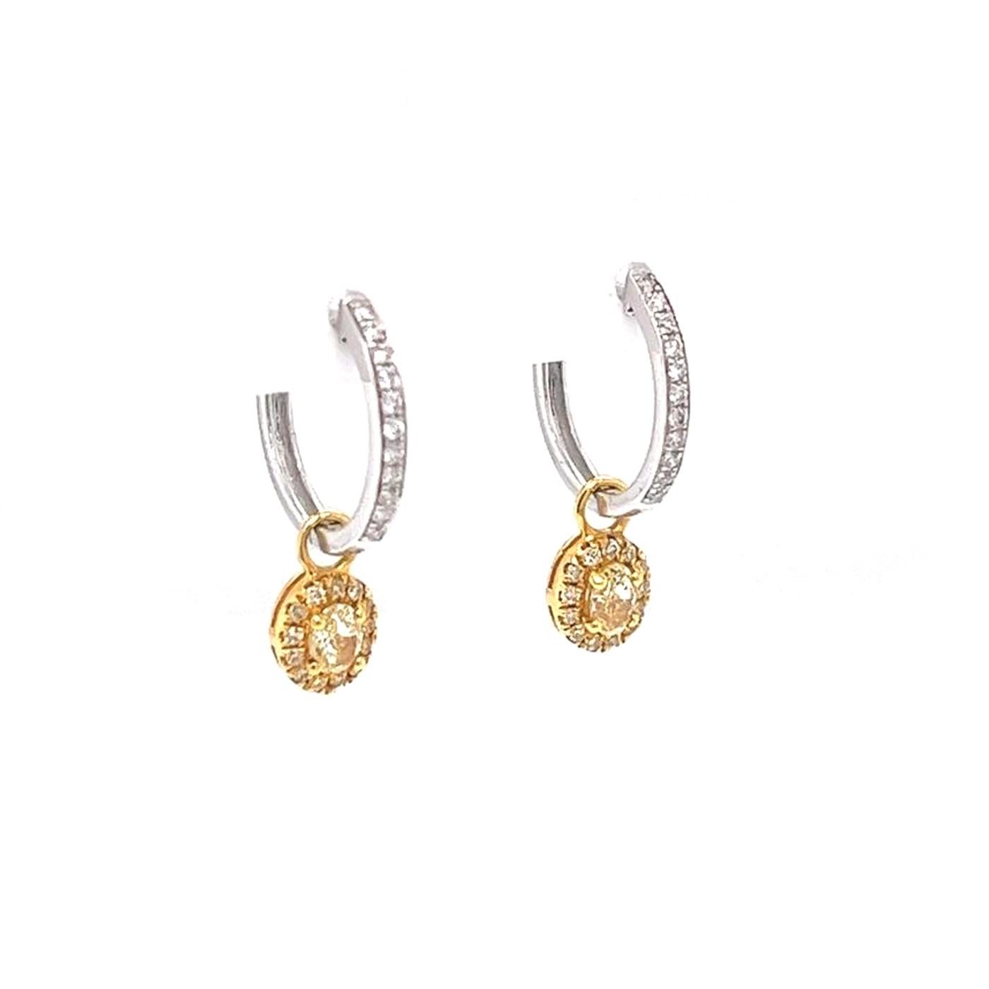 Round Cut 1.25ctw Natural Hoops Diamond Earrings with Yellow Fancy Diamonds 18k White Gold For Sale