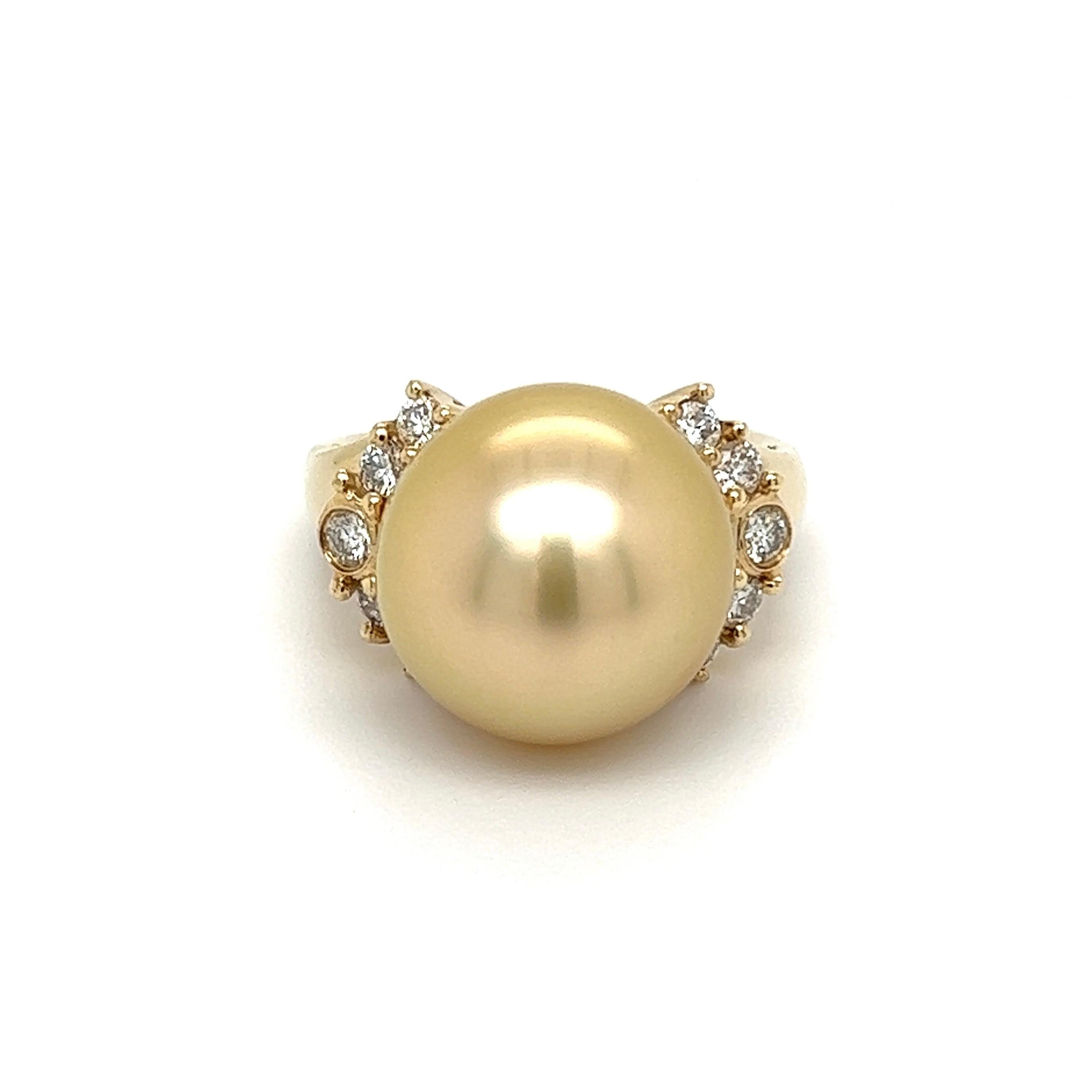 Round Cut 12.5mm Golden South Sea Pearl and Diamond Gold Cocktail Ring