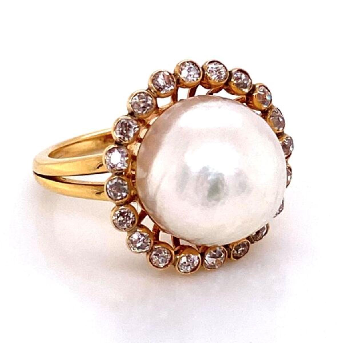 Women's Pearl and Old European Diamond Victorian Gold Ring Estate Fine Jewelry