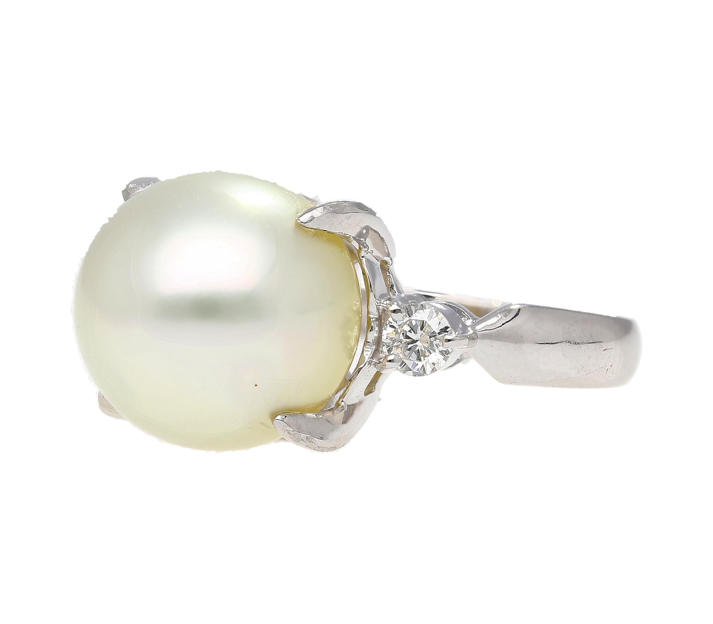 Modern 12.5mm South Sea Pearl and Diamond Platinum Three Stone Ring For Sale