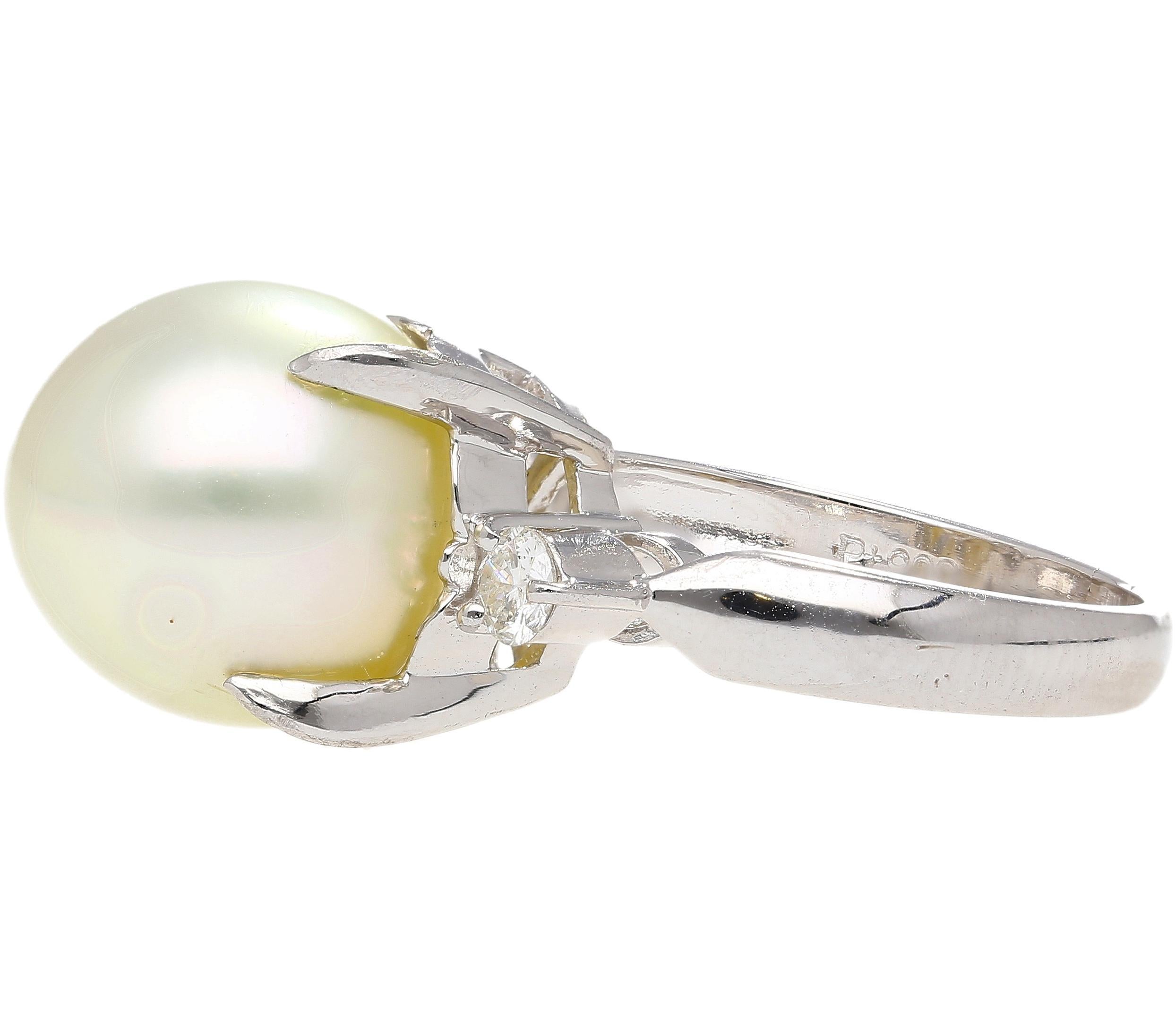 Round Cut 12.5mm South Sea Pearl and Diamond Platinum Three Stone Ring For Sale