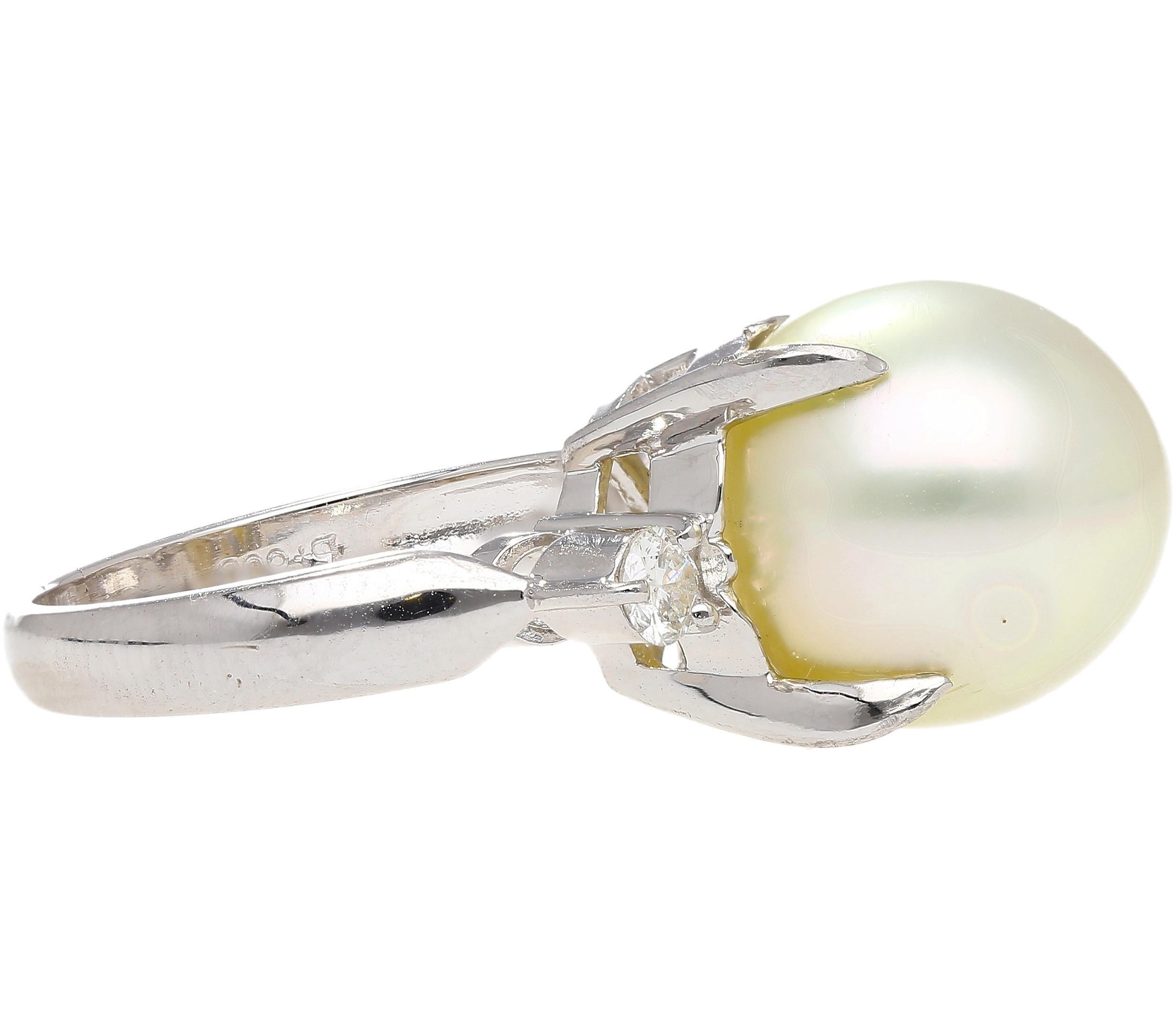 12.5mm South Sea Pearl and Diamond Platinum Three Stone Ring In New Condition For Sale In Miami, FL