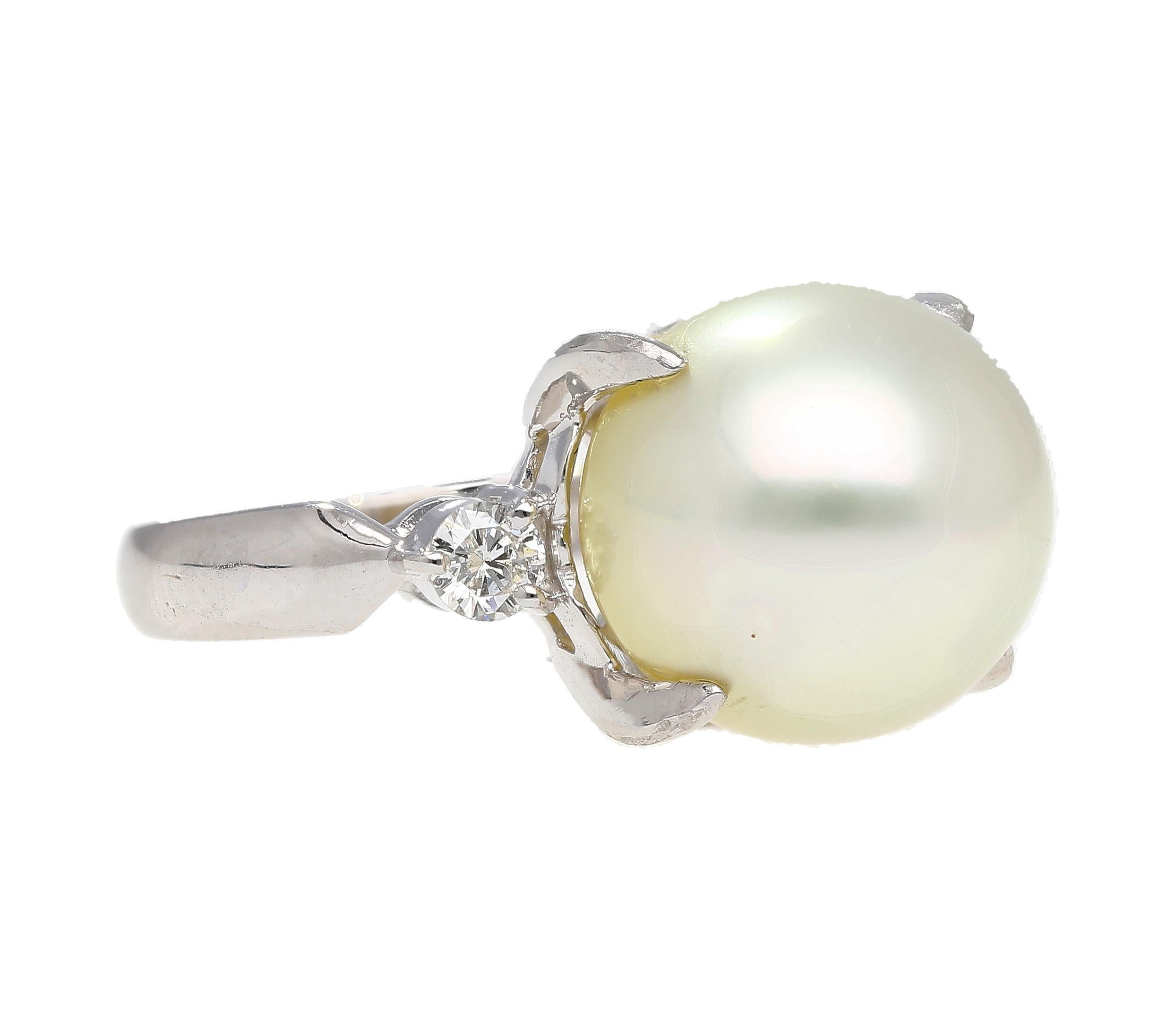 Women's 12.5mm South Sea Pearl and Diamond Platinum Three Stone Ring For Sale