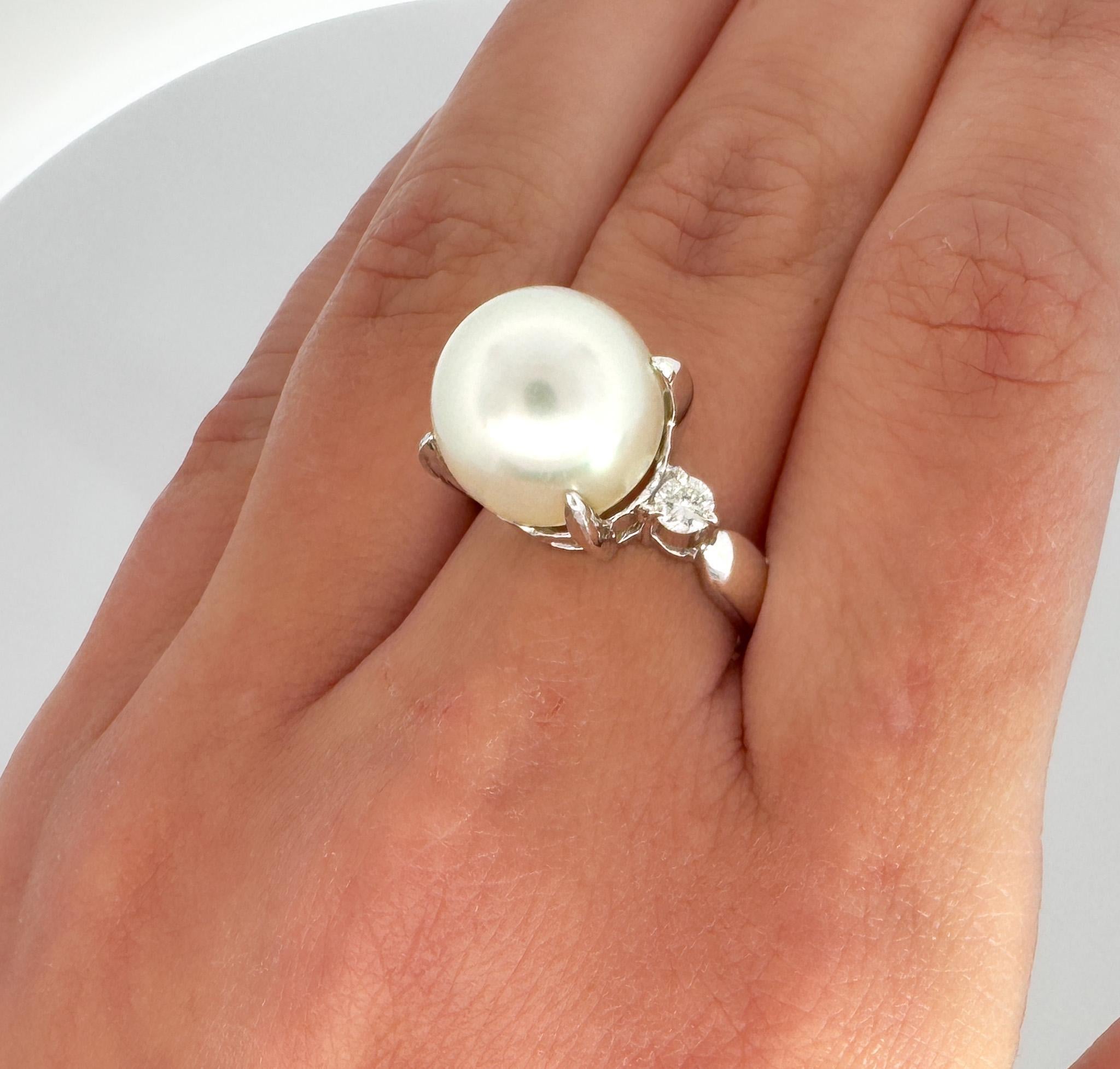 12.5mm South Sea Pearl and Diamond Platinum Three Stone Ring For Sale 2