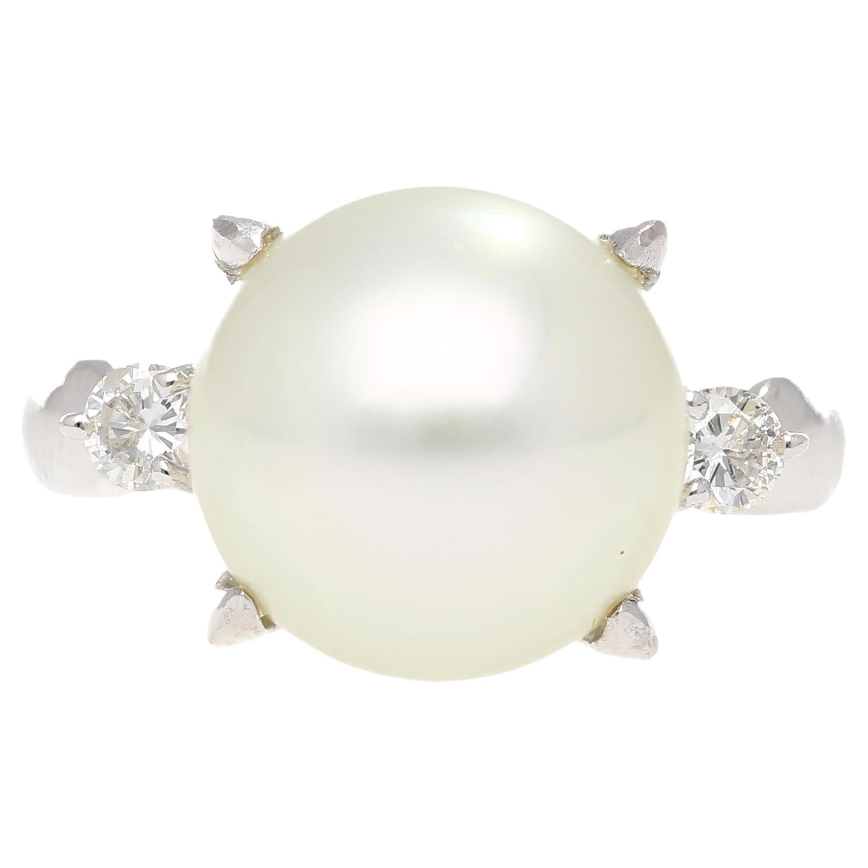 12.5mm South Sea Pearl and Diamond Platinum Three Stone Ring For Sale