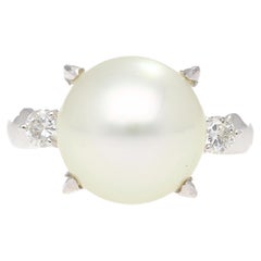 12.5mm South Sea Pearl and Diamond Platinum Three Stone Ring