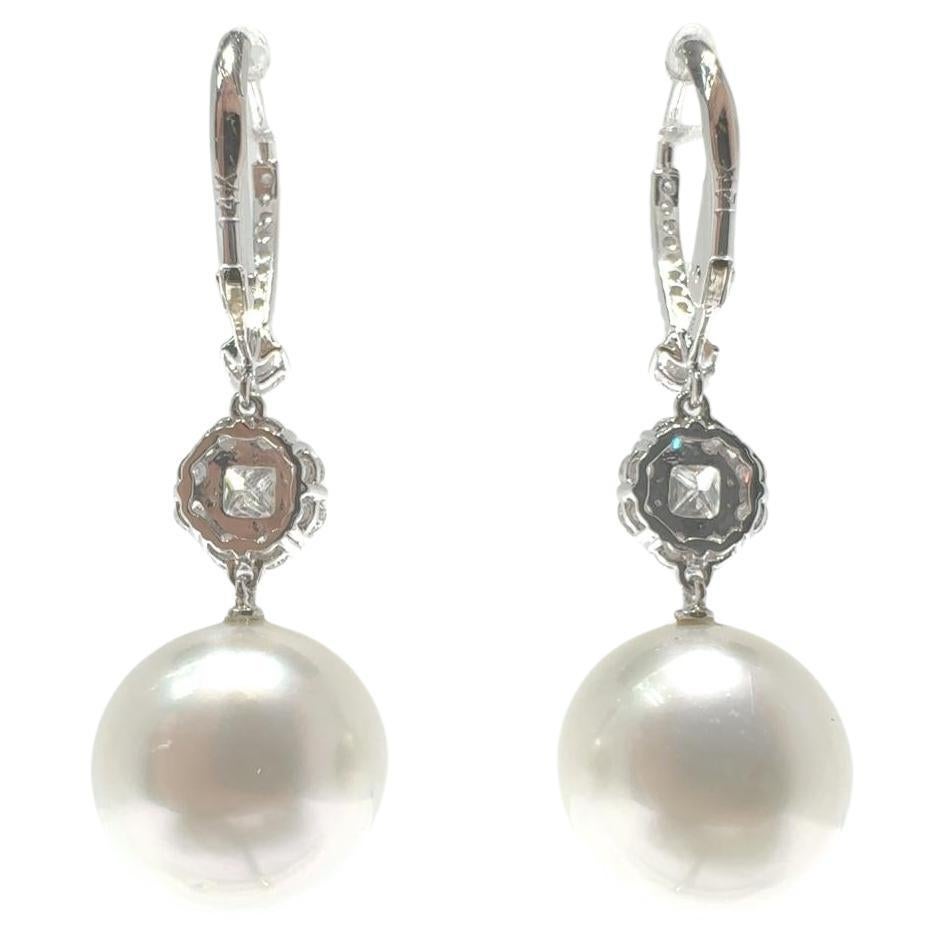 Bead 12.5mm South Sea Pearl Diamond Drop Earrings in 14 Karat White Gold For Sale