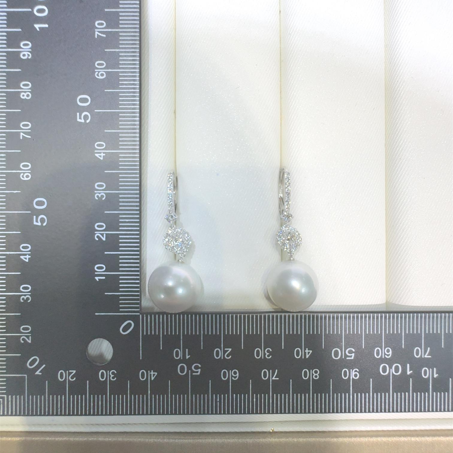 Women's 12.5mm South Sea Pearl Diamond Drop Earrings in 14 Karat White Gold For Sale